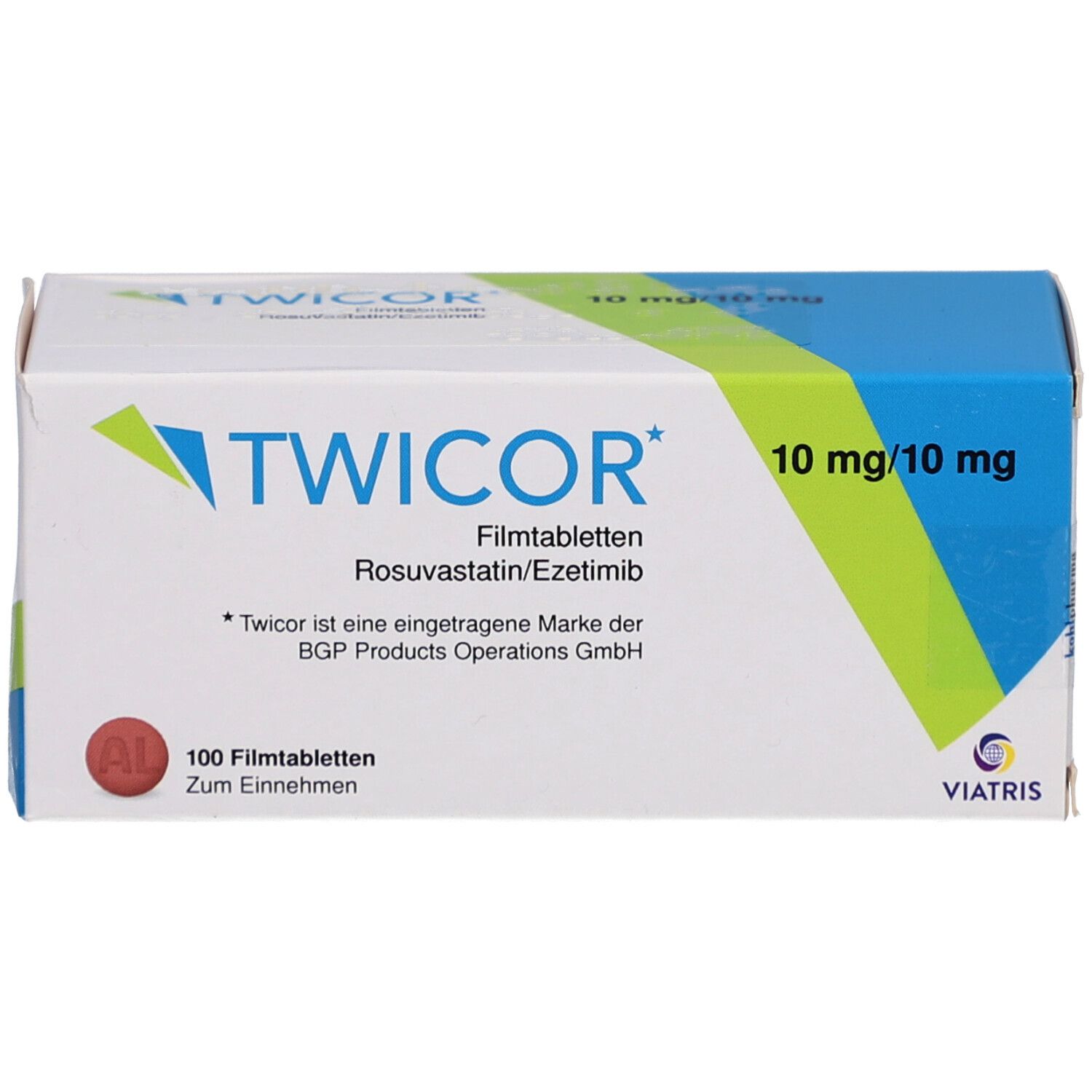 Vorderansicht der TWICOR Filmtabletten-Verpackung. Aufschrift: 10 mg/10 mg, 100 Filmtabletten. Hersteller: Viatris.