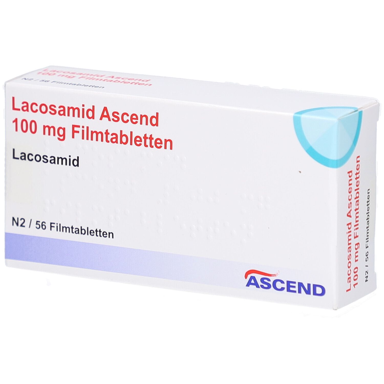 Schachtel mit Aufschrift 'Lacosamid Ascend 100 mg Filmtabletten'. Enthält 56 Filmtabletten. Marke ASCEND.