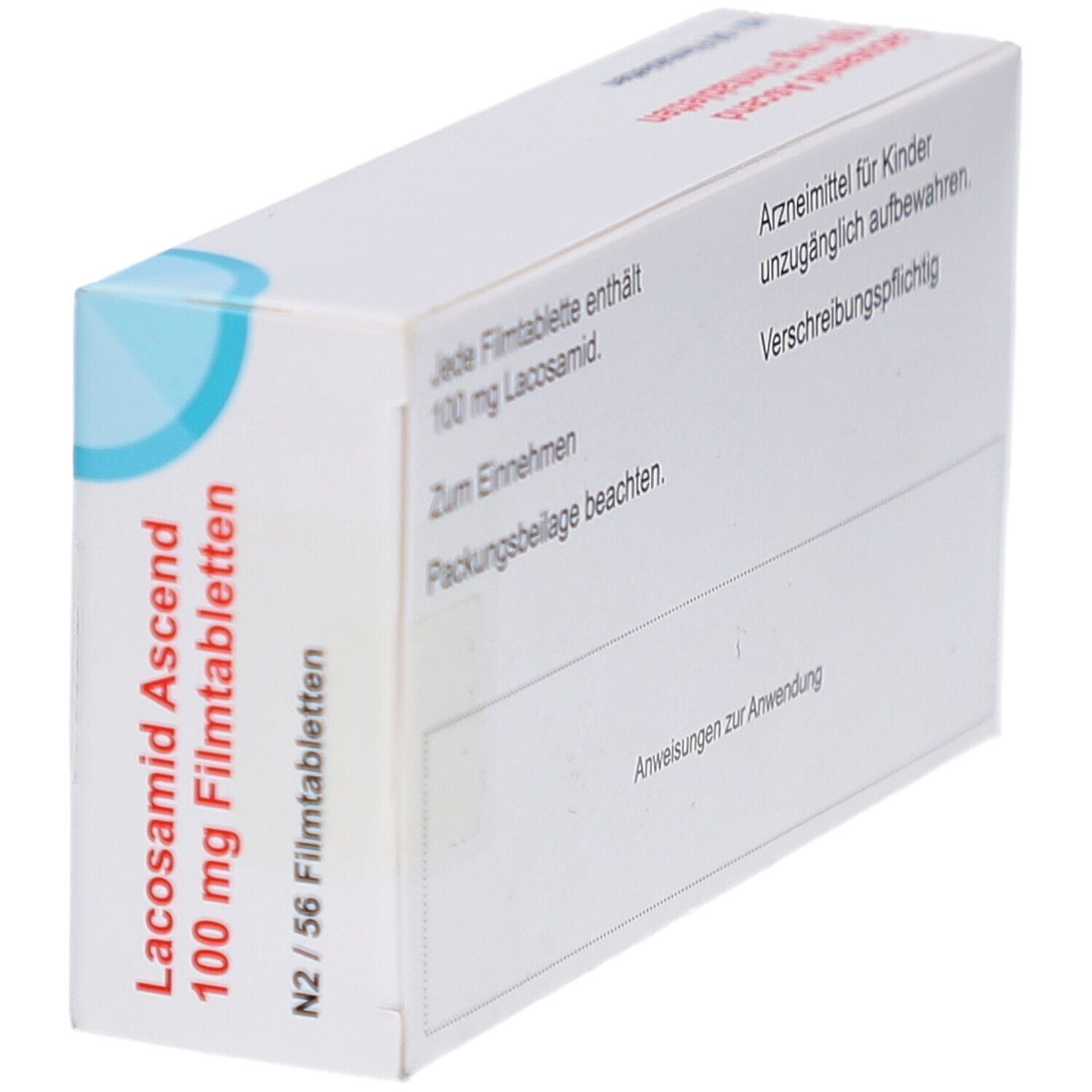 Schachtel 'Lacosamid Ascend 100 mg Filmtabletten'. Rückseite mit Text. Enthält 56 Filmtabletten. Marke ASCEND.