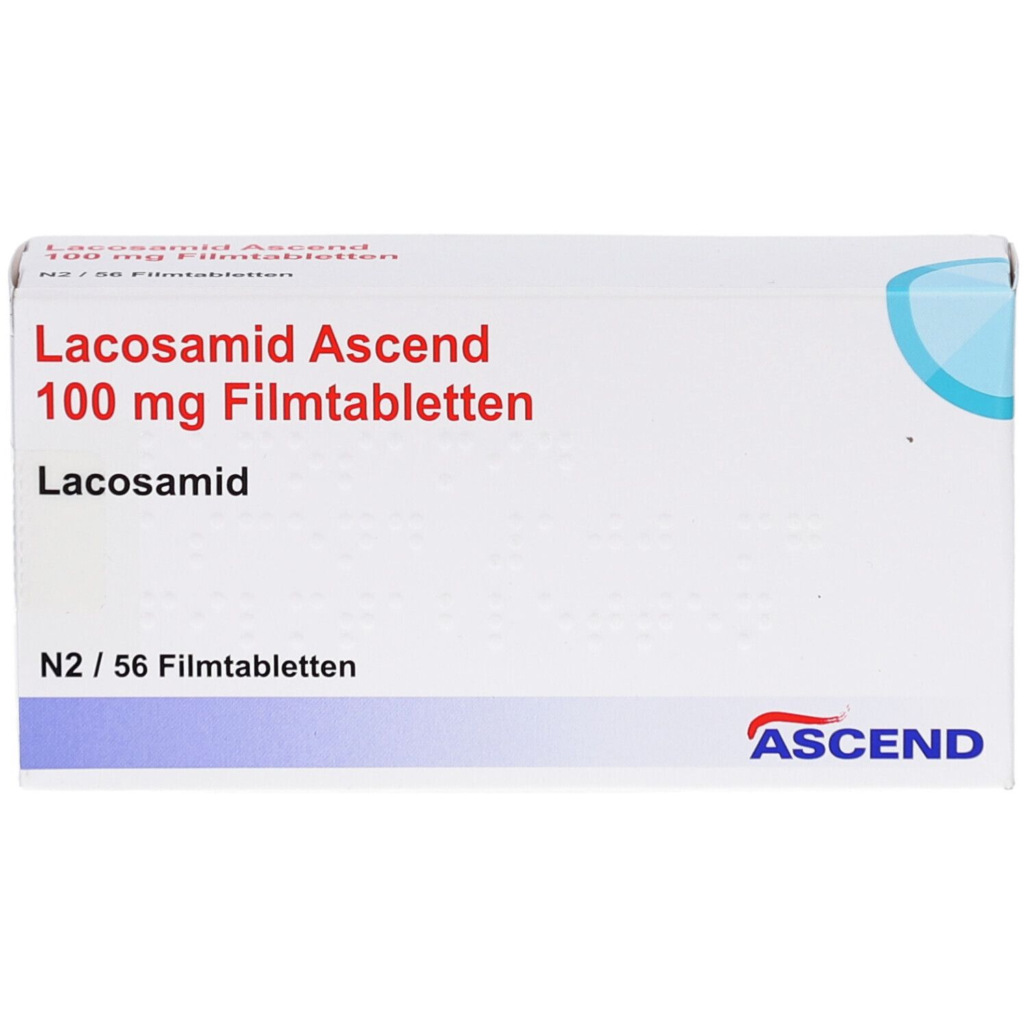 Schachtel 'Lacosamid Ascend 100 mg Filmtabletten'. Enthält 56 Filmtabletten. Marke ASCEND.