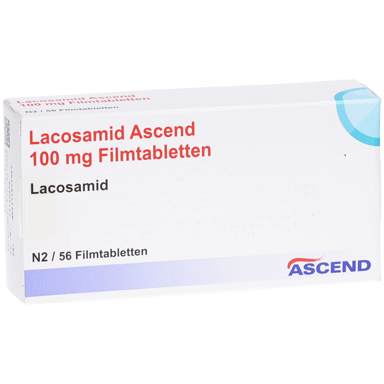 Schachtel 'Lacosamid Ascend 100 mg Filmtabletten'. Enthält 56 Filmtabletten. Marke ASCEND.