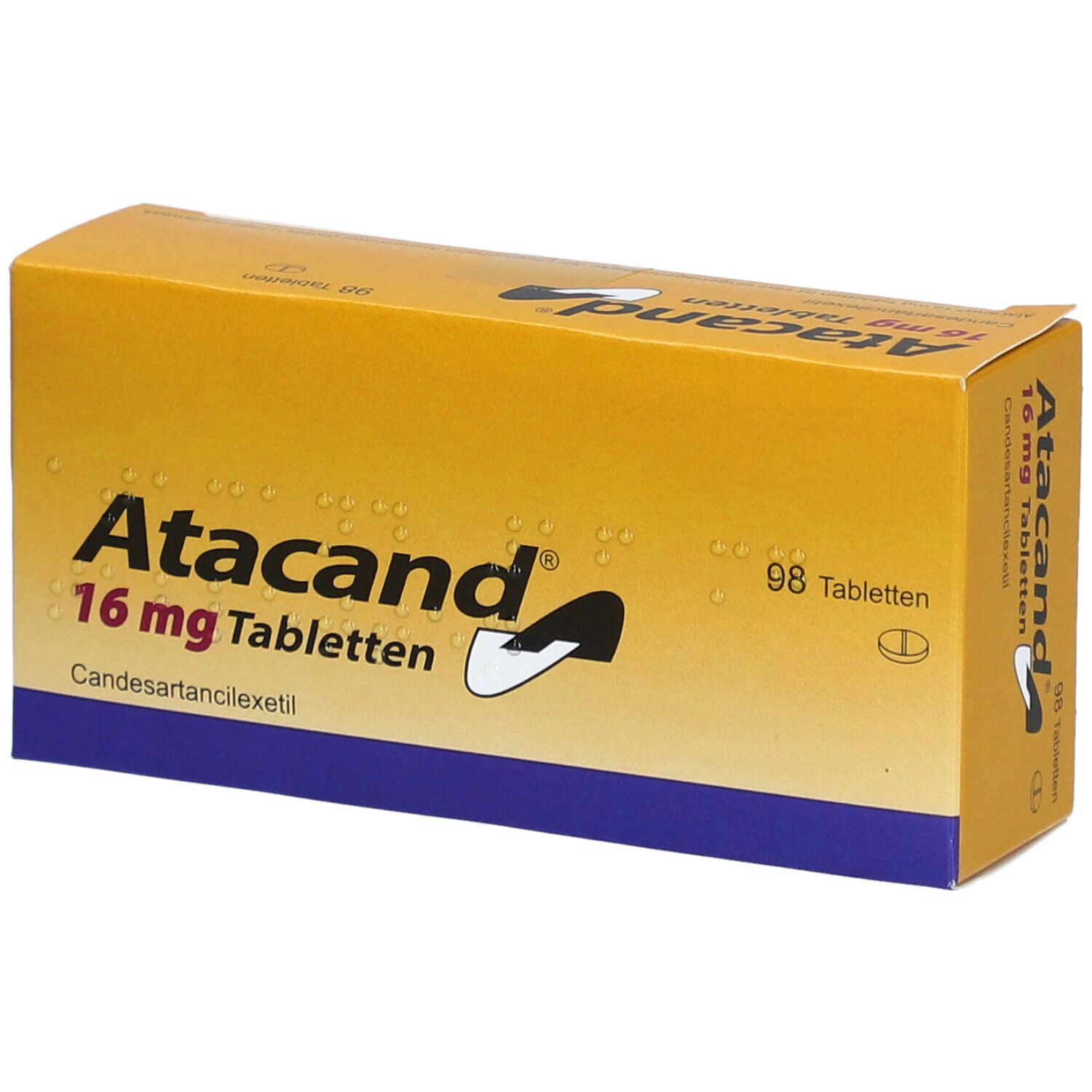 Gelbe Schachtel mit Aufschrift "Atacand 16 mg Tabletten". Enthält 98 Tabletten. Blaue und weiße Akzente.