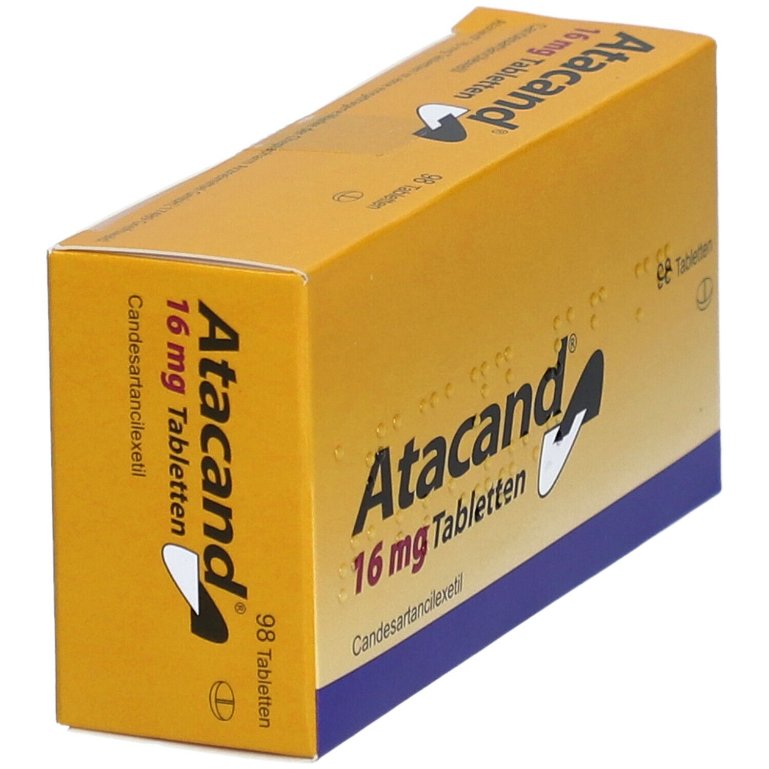 Schräg gestellte gelbe Schachtel mit "Atacand 16 mg Tabletten". 98 Tabletten. Blaue und weiße Akzente.