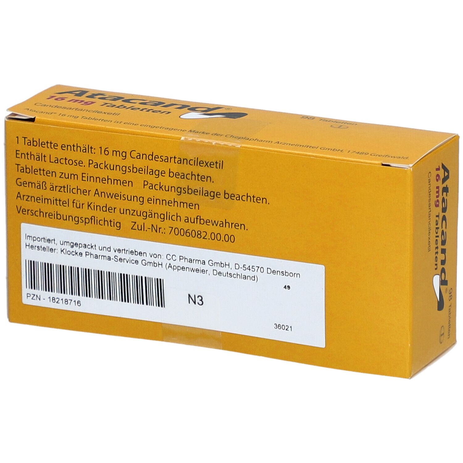 Rückseite der gelben Schachtel mit Text. Enthält Informationen zu "Atacand 16 mg Tabletten".
