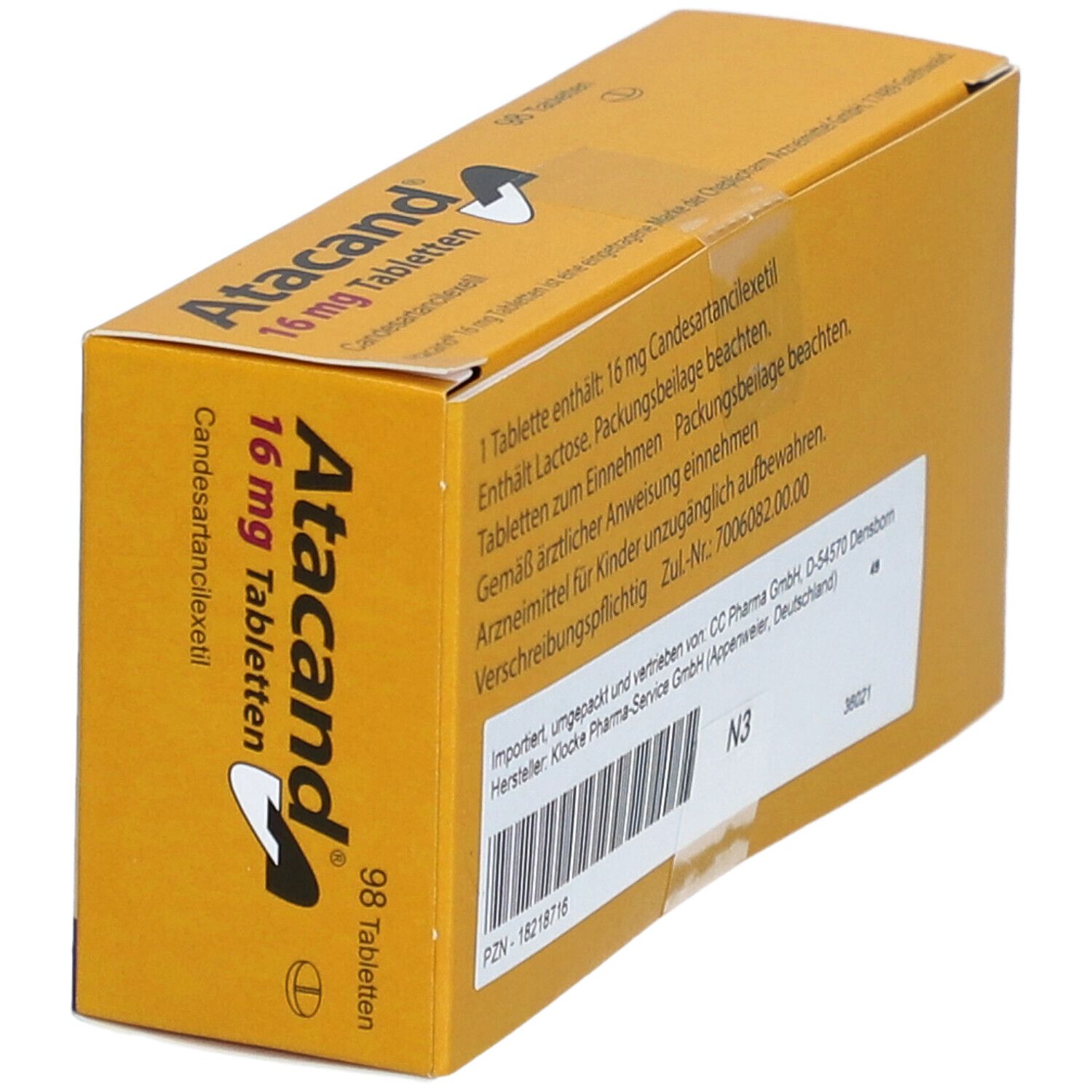 Schräg gestellte gelbe Schachtel mit Text. Enthält Informationen zu "Atacand 16 mg Tabletten".