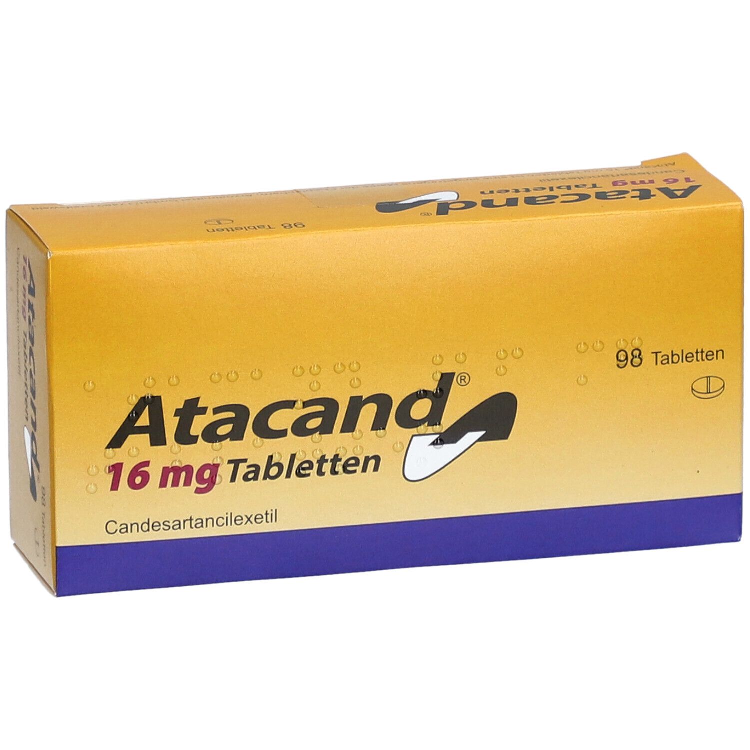 Gelbe Schachtel mit "Atacand 16 mg Tabletten". 98 Tabletten. Blaue und weiße Akzente.