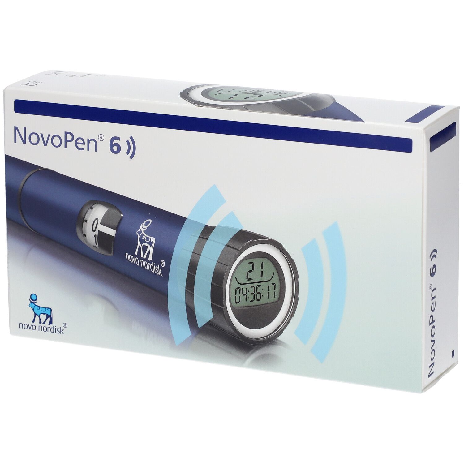 Verpackung von NovoPen® 6. Blaue Injektionshilfe mit Display, Wellen-Symbol. Logo von Novo Nordisk.