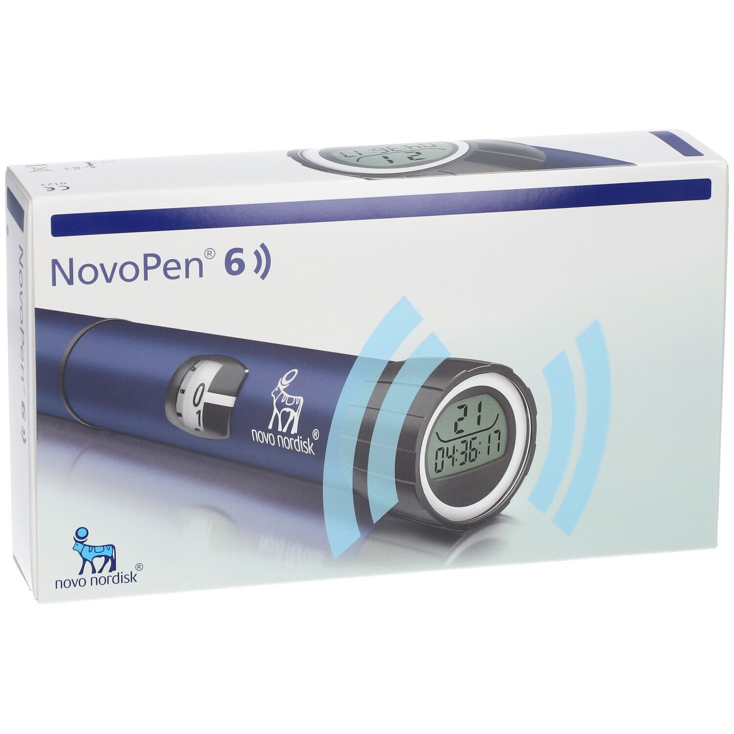 NovoPen® 6 Verpackung. Blaue Injektionshilfe mit Display, Wellen-Symbol. Logo von Novo Nordisk.
