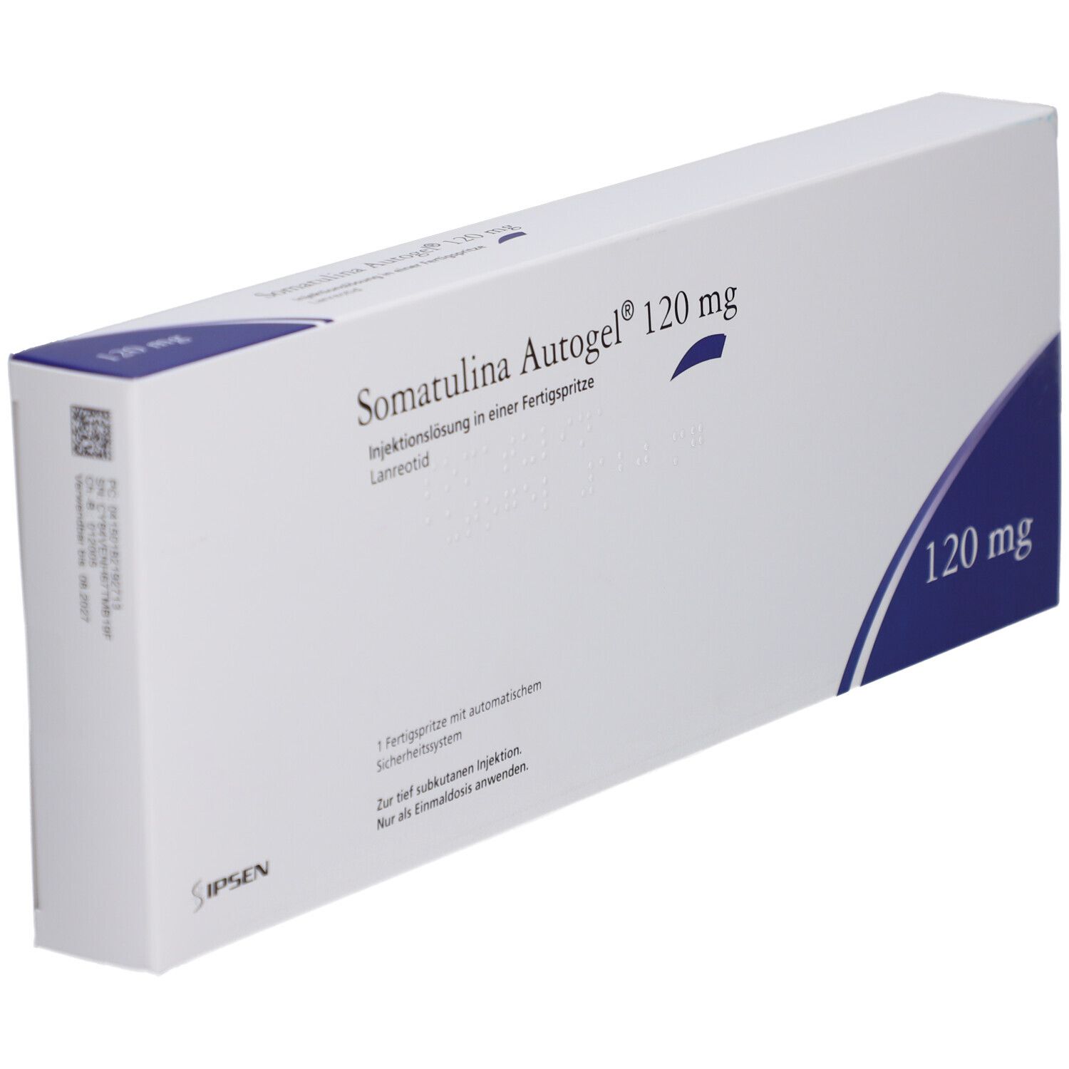 Karton mit Somatulina Autogel 120 mg. Weiße Verpackung mit blauen Akzenten. Text: Injektionslösung in Fertigspritze.