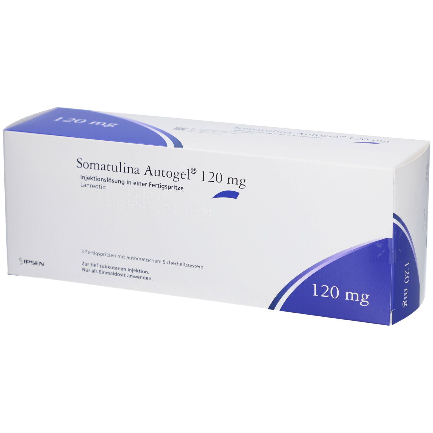 Weiße Faltschachtel mit blauer Markierung. Aufschrift: Somatulina Autogel 120 mg. Injektionslösung in Fertigspritze.