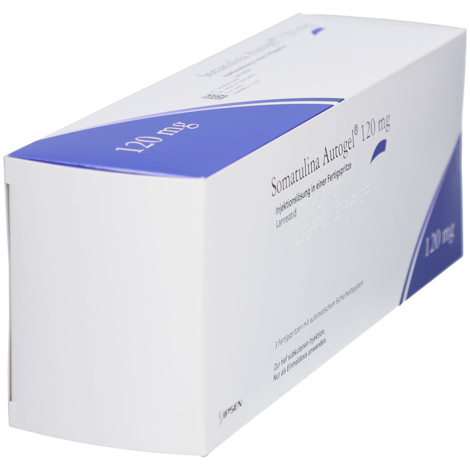 Weiße Faltschachtel mit blauer Markierung. Aufschrift: Somatulina Autogel 120 mg. Ansicht von der Seite.