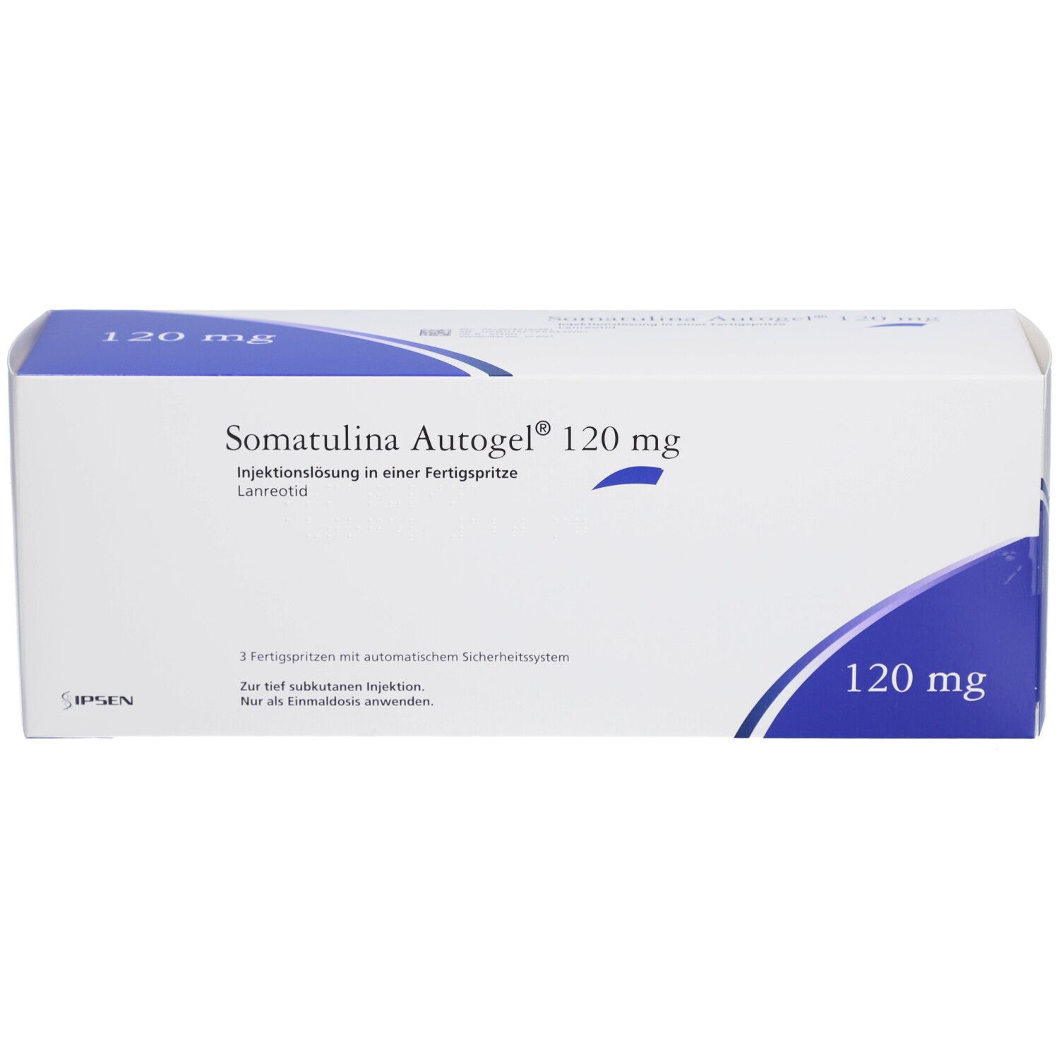 Weiße Faltschachtel mit blauer Markierung. Aufschrift: Somatulina Autogel 120 mg. Injektionslösung in Fertigspritze.