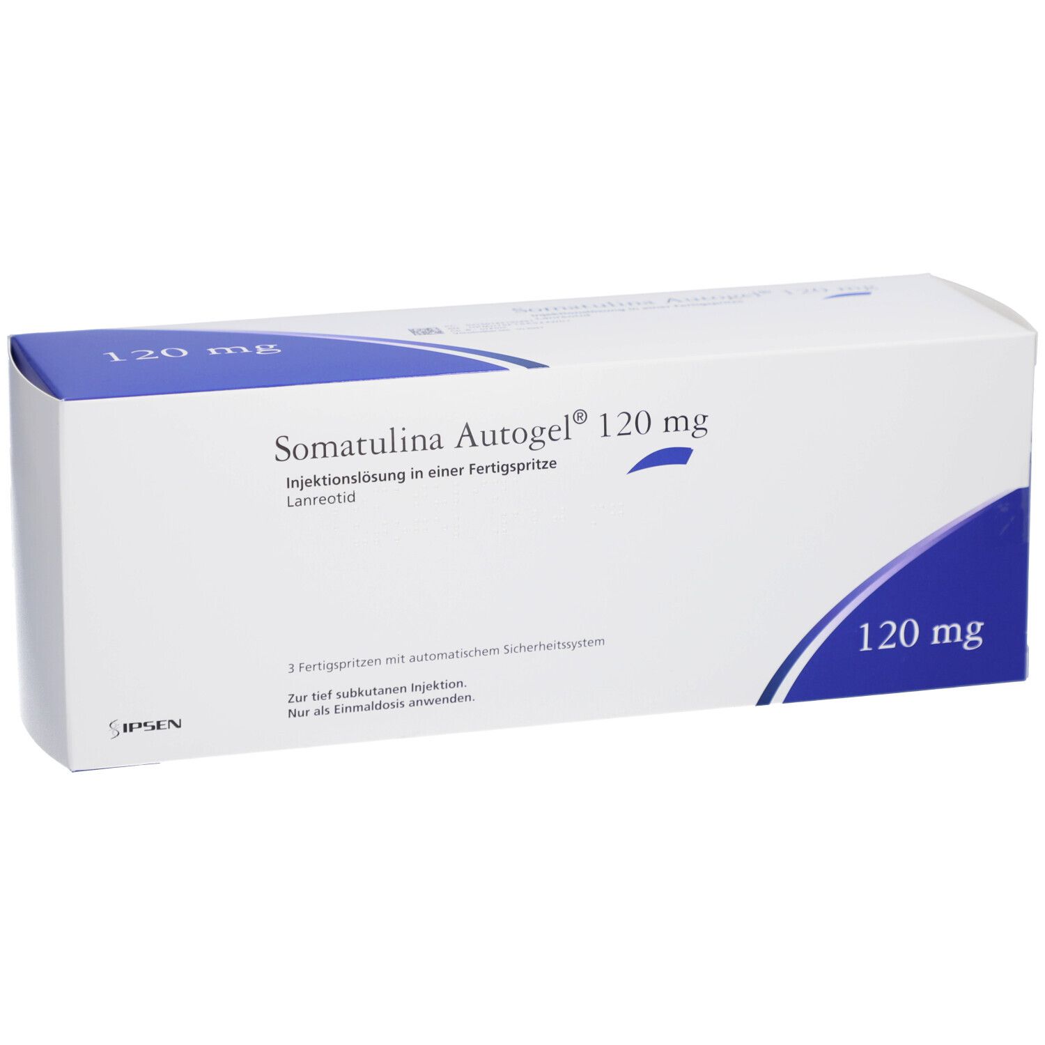 Weiße Faltschachtel mit blauer Markierung. Aufschrift: Somatulina Autogel 120 mg. Injektionslösung in Fertigspritze.