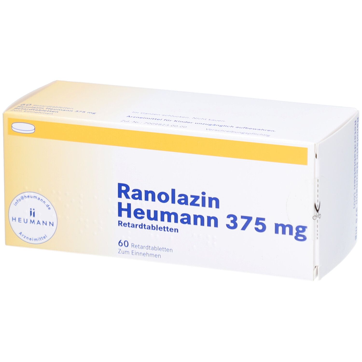 Schachtel mit RANOLAZIN Heumann 375 mg Retardtabletten. Aufschrift: 60 Retardtabletten. Logo Heumann. Gelb-weiße Verpackung.