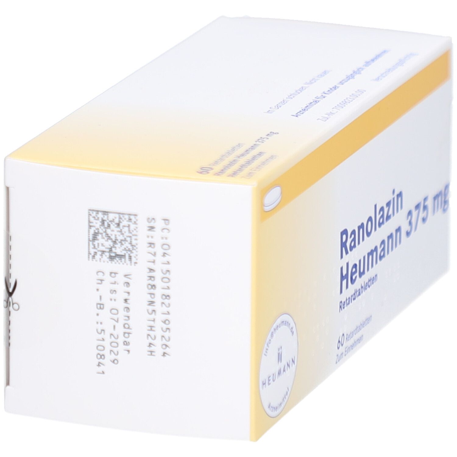 Schachtel RANOLAZIN Heumann 375 mg. Aufdruck mit Chargennummer, Verfallsdatum und Barcode. Gelb-weiße Verpackung.