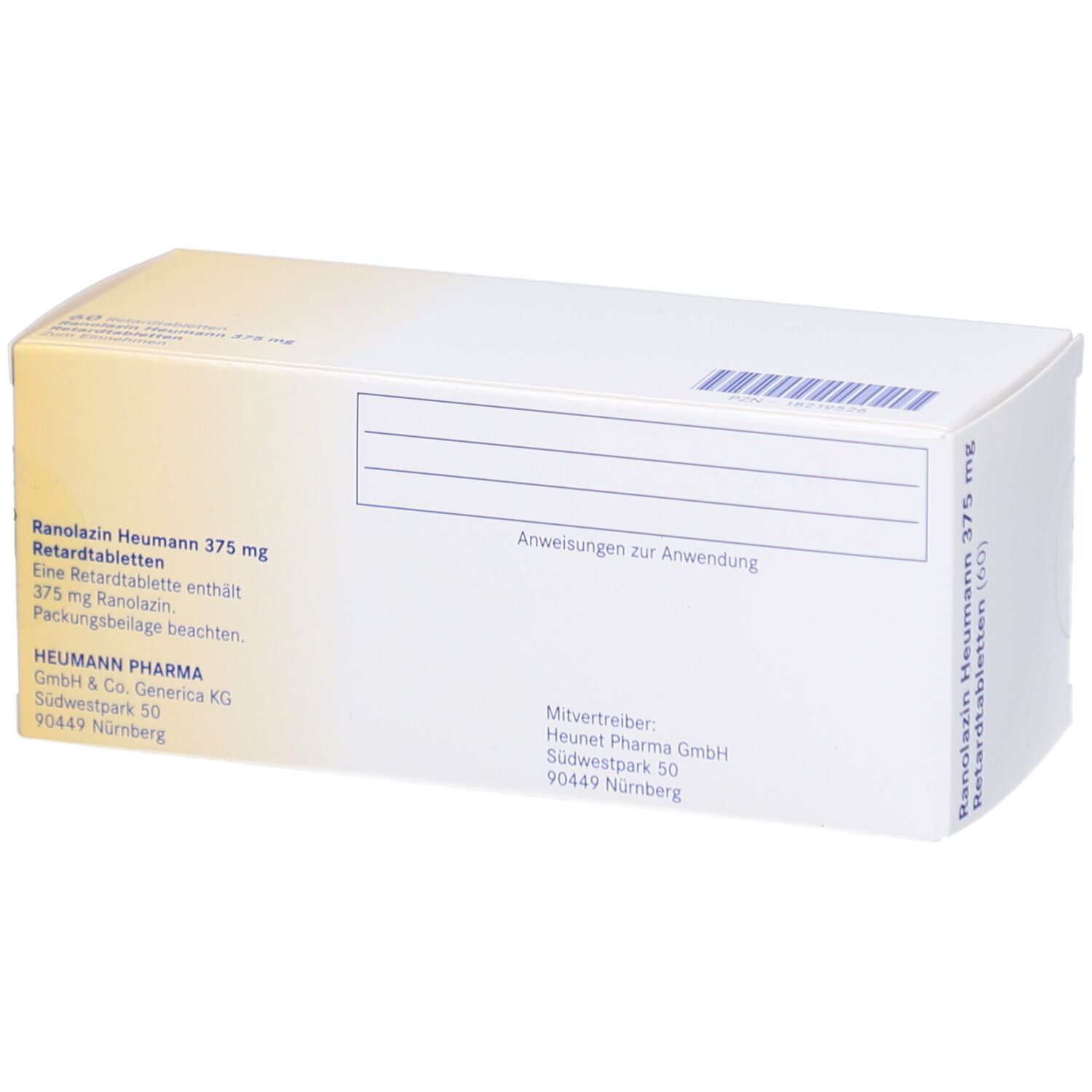 Rückseite der Schachtel RANOLAZIN Heumann 375 mg. Text: Anweisungen zur Anwendung. Herstellerinformationen. Barcode.