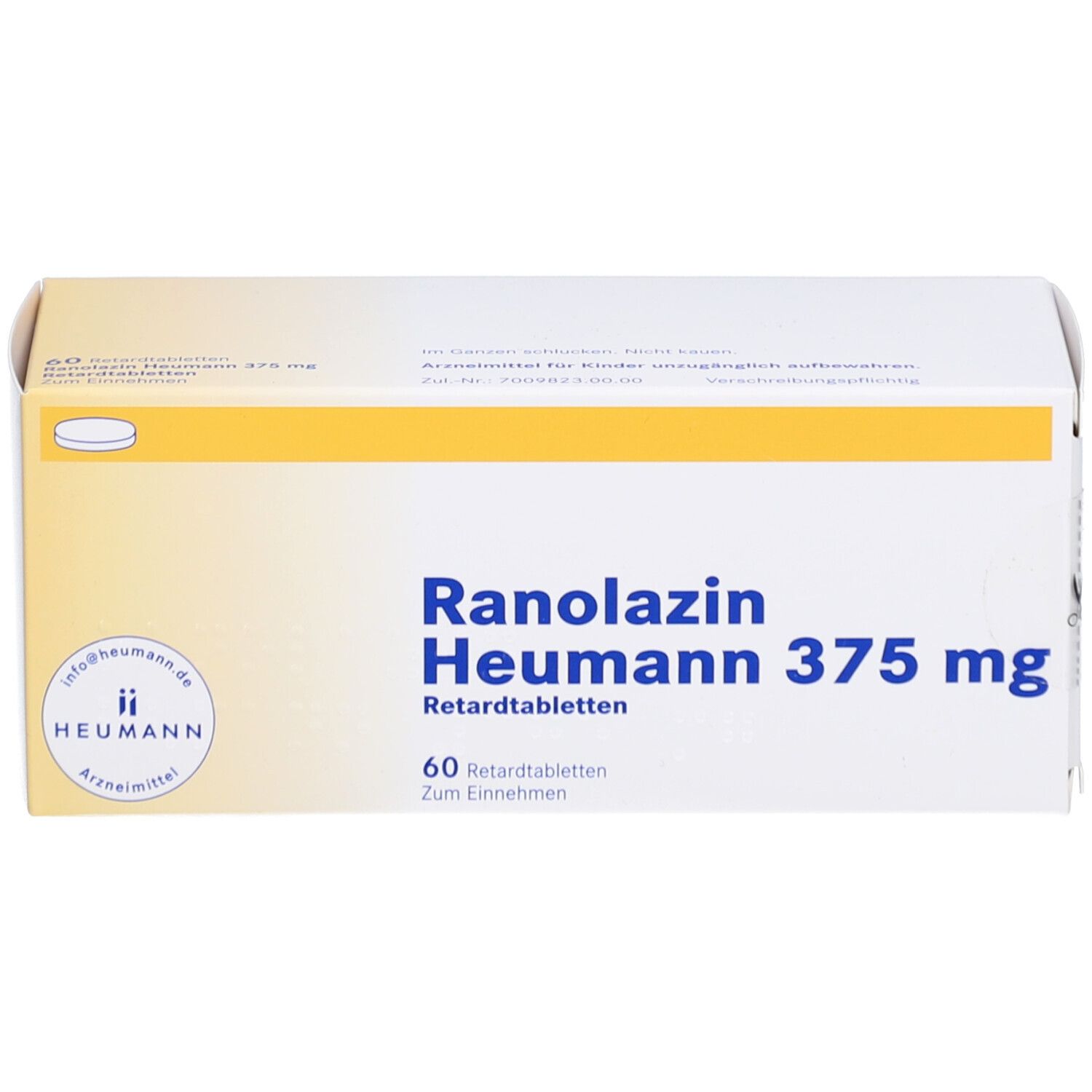 Schachtel RANOLAZIN Heumann 375 mg Retardtabletten. Aufschrift: 60 Tabletten. Logo Heumann. Gelb-weiße Verpackung.