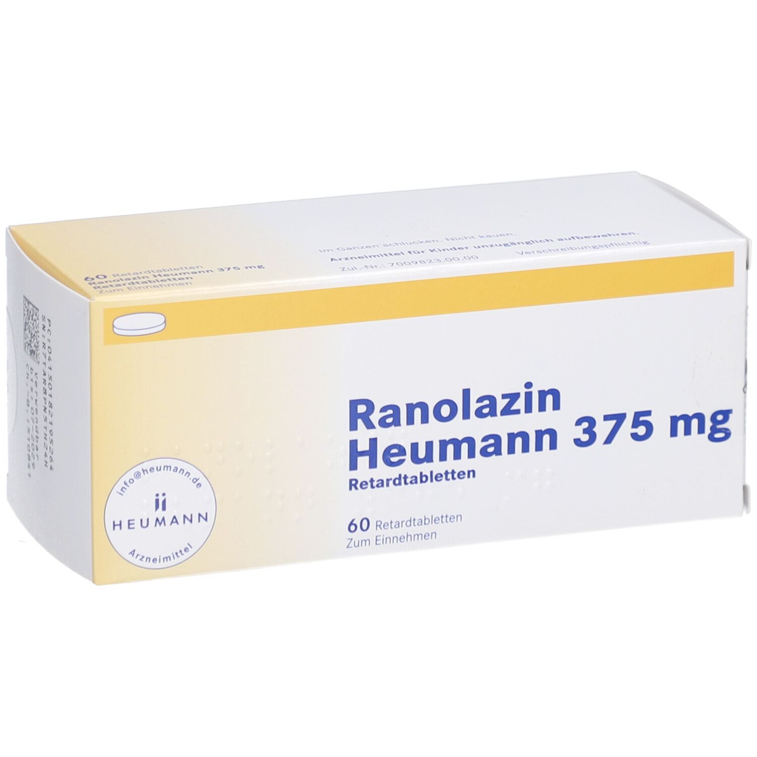 Schachtel RANOLAZIN Heumann 375 mg Retardtabletten. Aufschrift: 60 Tabletten. Logo Heumann. Gelb-weiße Verpackung.