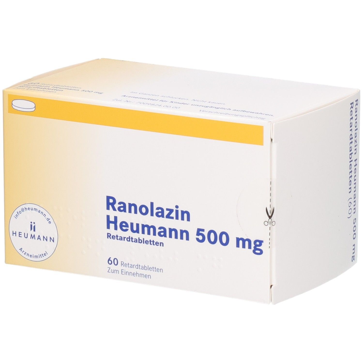 Weiße Schachtel mit gelben Akzenten. Aufschrift: Ranolazin Heumann 500 mg Retardtabletten. 60 Retardtabletten. Heumann Logo.