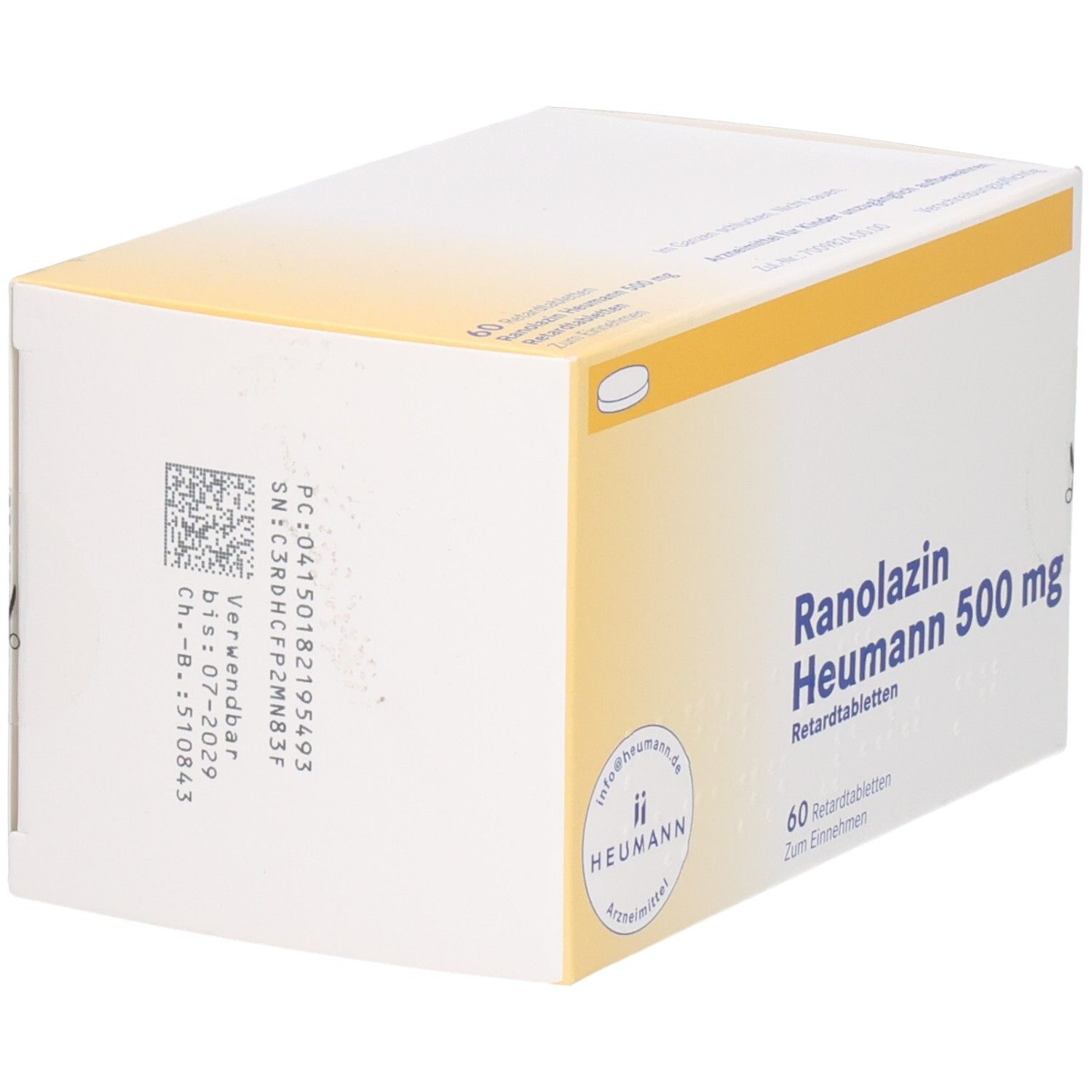 Weiße Schachtel mit gelben Akzenten. Aufschrift: Ranolazin Heumann 500 mg Retardtabletten. 60 Retardtabletten. Barcode und Verfallsdatum.