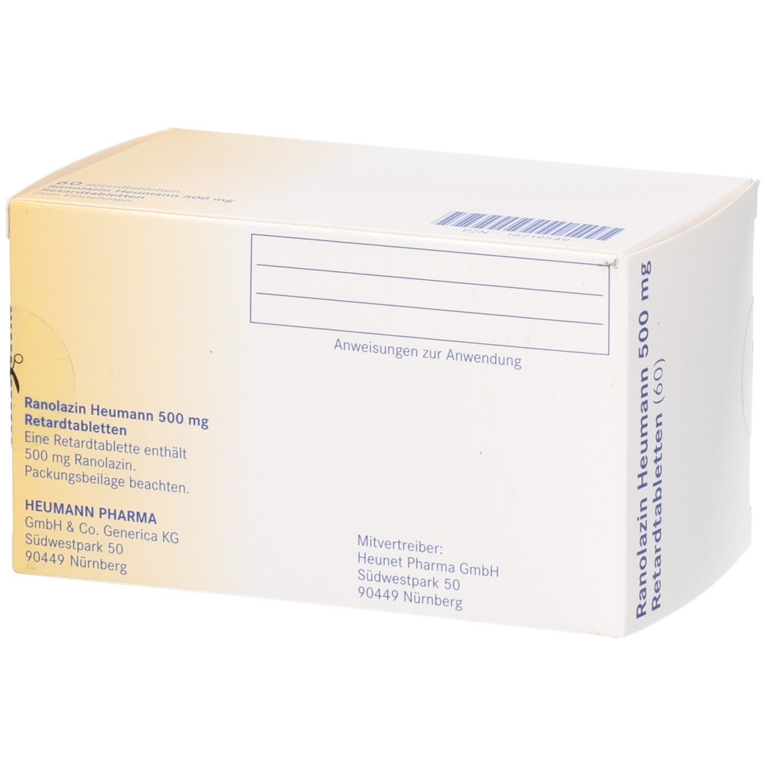 Weiße Schachtel mit gelben Akzenten. Aufschrift: Ranolazin Heumann 500 mg Retardtabletten. Herstellerinformationen und Anschrift.