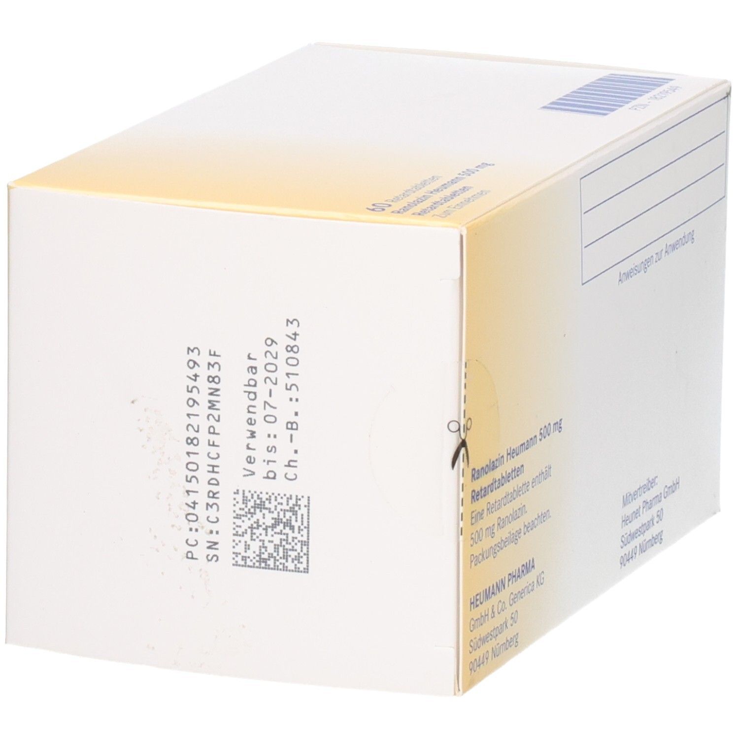 Weiße Schachtel mit gelben Akzenten. Aufschrift: Ranolazin Heumann 500 mg Retardtabletten. Barcode und Verfallsdatum.