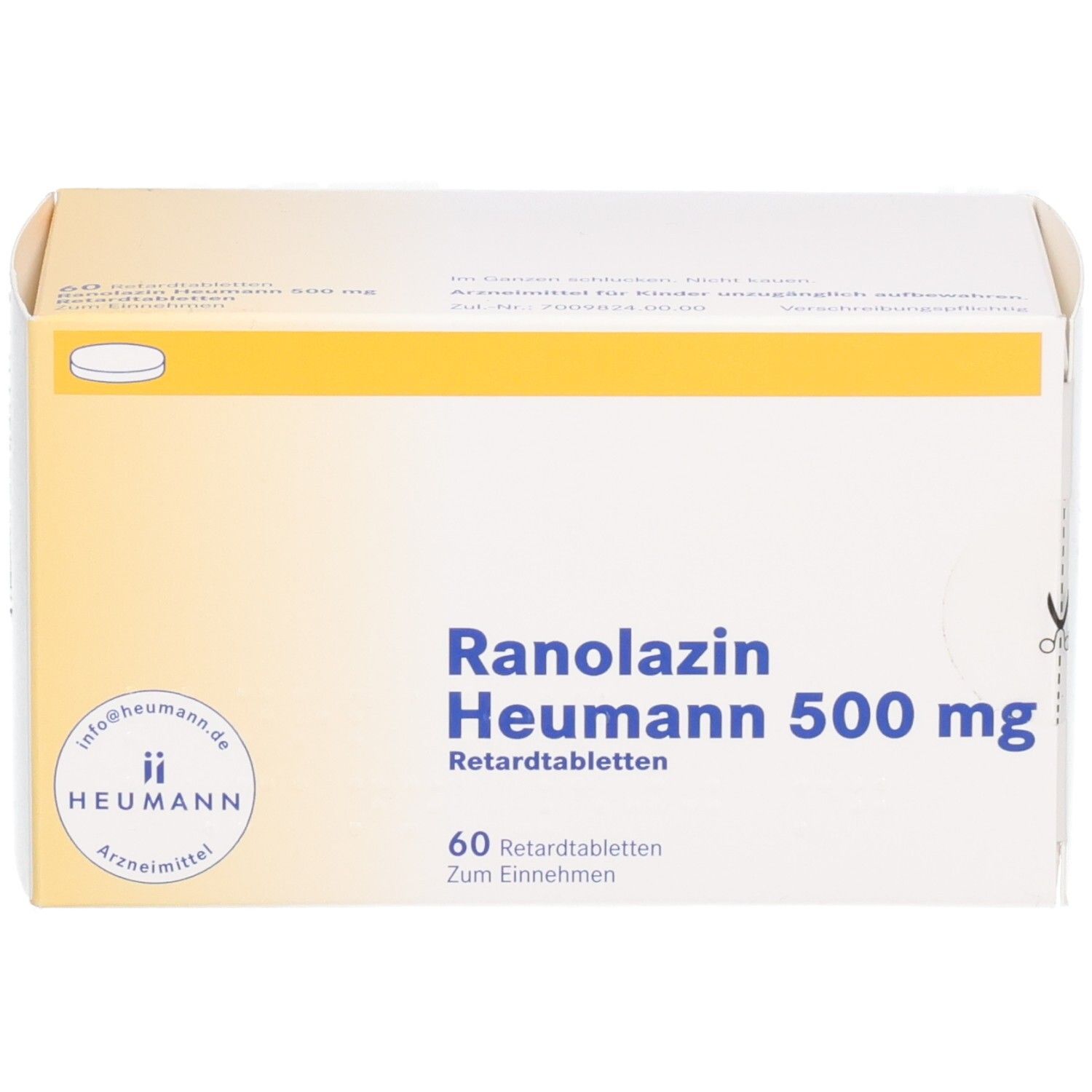 Weiße Schachtel mit gelben Akzenten. Aufschrift: Ranolazin Heumann 500 mg Retardtabletten. 60 Retardtabletten. Heumann Logo.