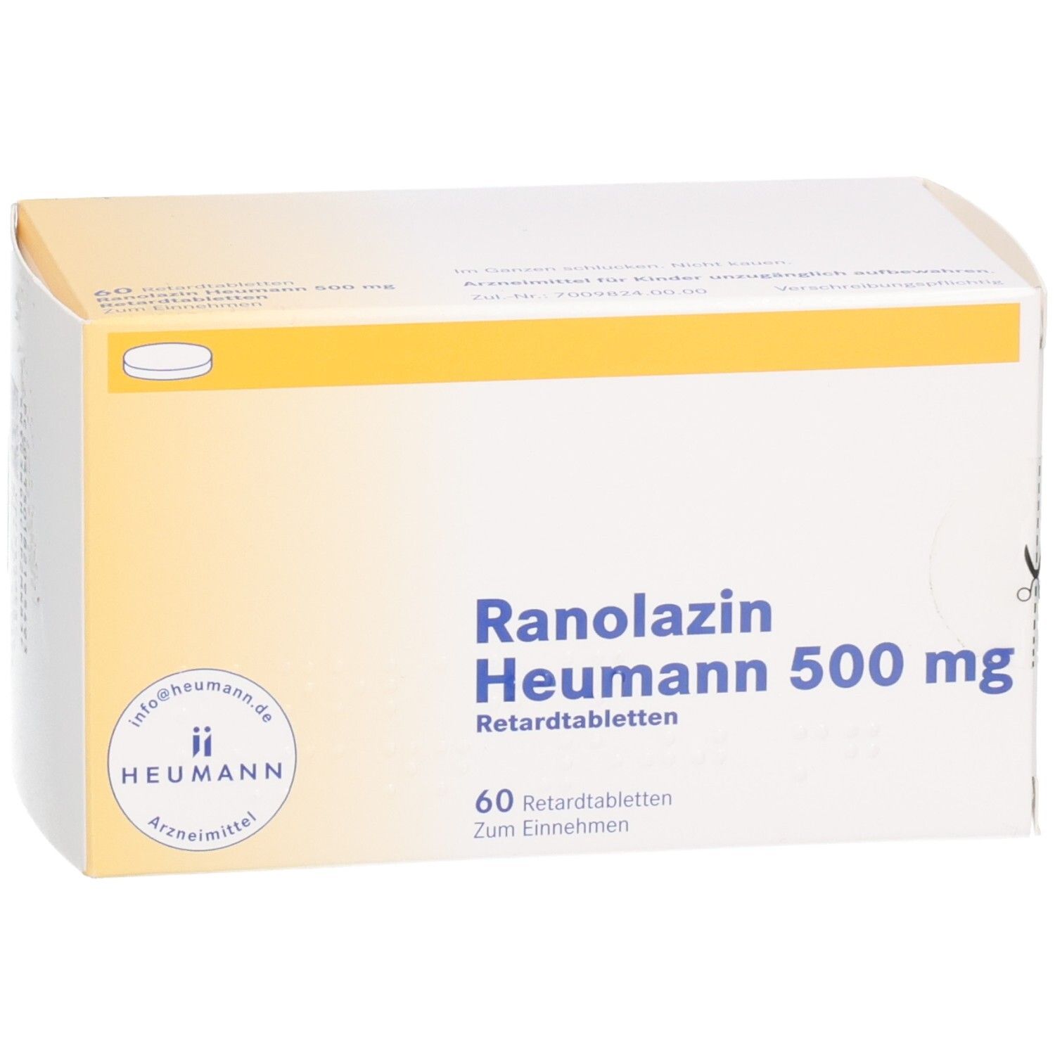 Weiße Schachtel mit gelben Akzenten. Aufschrift: Ranolazin Heumann 500 mg Retardtabletten. 60 Retardtabletten. Heumann Logo.