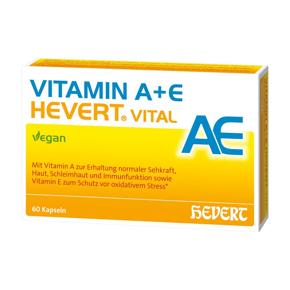Schachtel mit "VITAMIN A+E HEVERT. VITAL". Gelb-weißes Design. Vegan-Logo. Text: 60 Kapseln. Marke HEVERT.