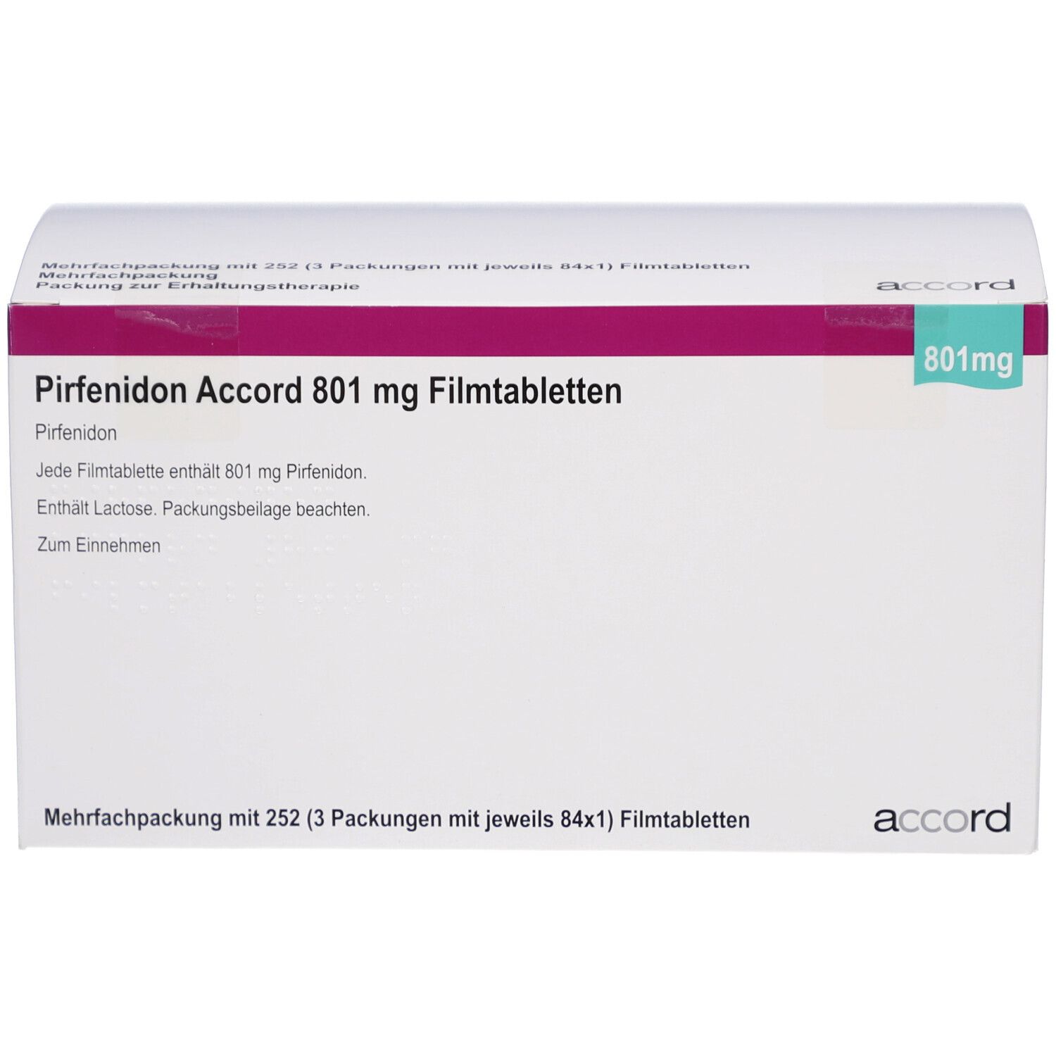 Verpackung mit "Pirfenidon Accord 801 mg Filmtabletten". Weiß, mit Text und Logo. Enthält 252 Tabletten (3x84).