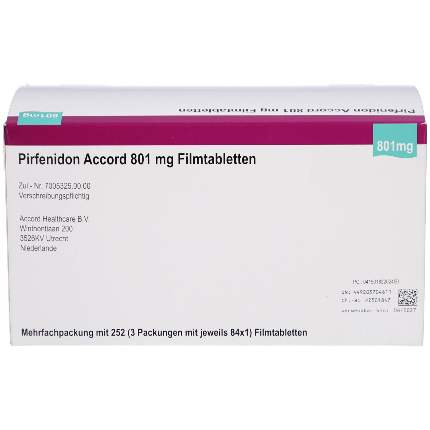 Verpackung "Pirfenidon Accord 801 mg Filmtabletten". Weiß, mit Text und Logo. Enthält 252 Tabletten (3x84).
