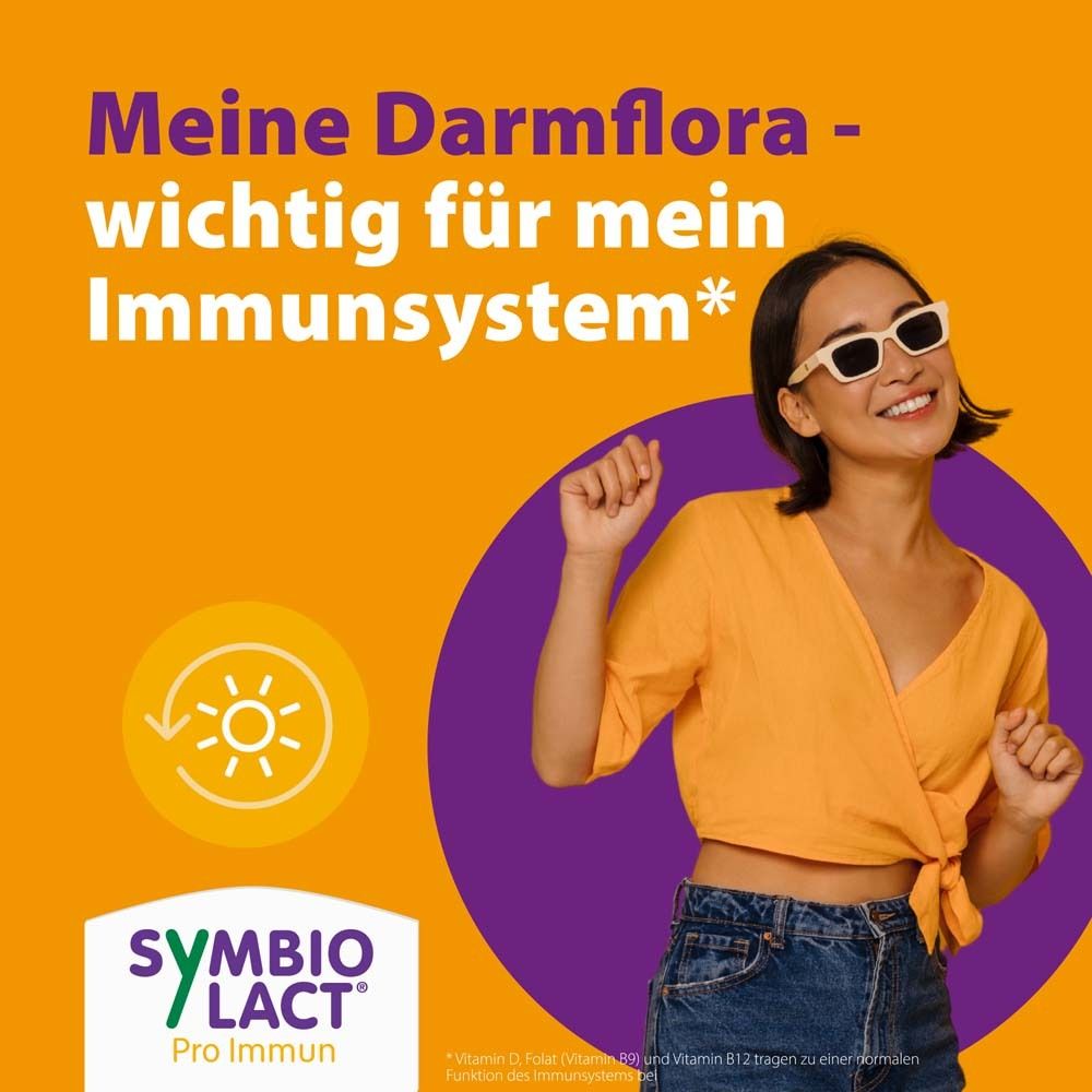 Frau mit Sonnenbrille vor orangefarbenem Hintergrund. Text: Meine Darmflora - wichtig für mein Immunsystem. SymbioLact Pro Immun.