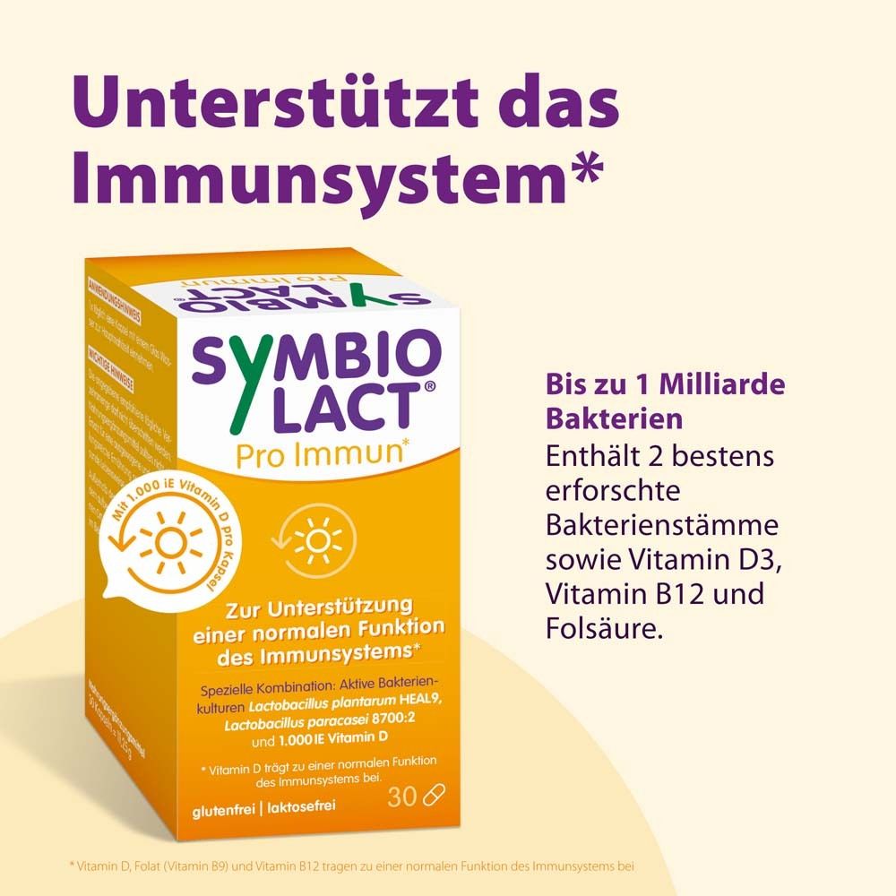 Gelbe Schachtel SymbioLact Pro Immun. Text: Unterstützt das Immunsystem. Bis zu 1 Milliarde Bakterien. Enthält Vitamin D3, B12, Folsäure.
