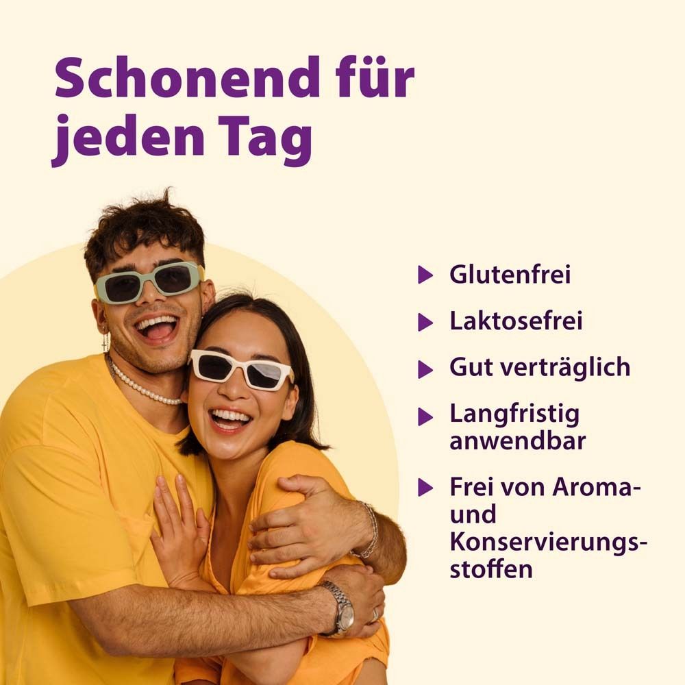 Zwei Personen umarmen sich. Text: Schonend für jeden Tag. Glutenfrei, laktosefrei, gut verträglich, langfristig anwendbar, ohne Aroma- und Konservierungsstoffe.