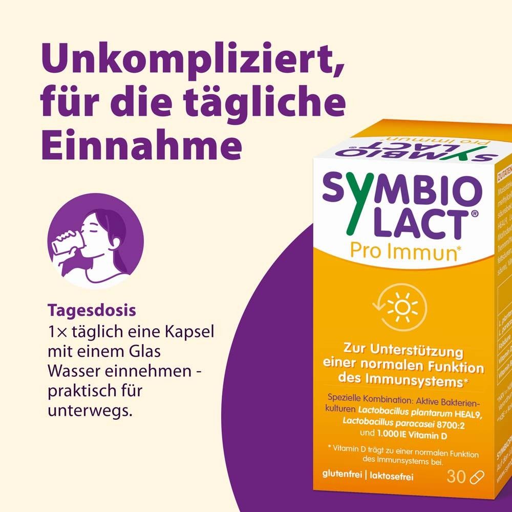 Gelbe Schachtel SymbioLact Pro Immun und Frau trinkt Wasser. Text: Unkompliziert, für die tägliche Einnahme. 1 Kapsel mit Wasser.