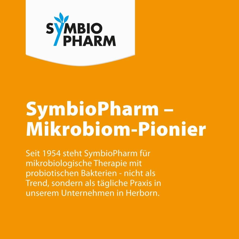 Orangefarbener Hintergrund. Text: SymbioPharm - Mikrobiom-Pionier. Seit 1954 steht SymbioPharm für mikrobiologische Therapie mit probiotischen Bakterien.