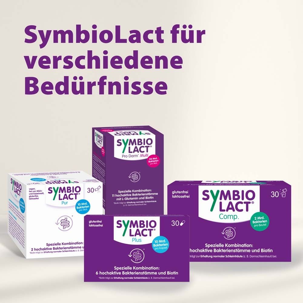 Verschiedene SymbioLact Produkte. Text: SymbioLact für verschiedene Bedürfnisse. Pro Immun, Plus, Comp, Multi.
