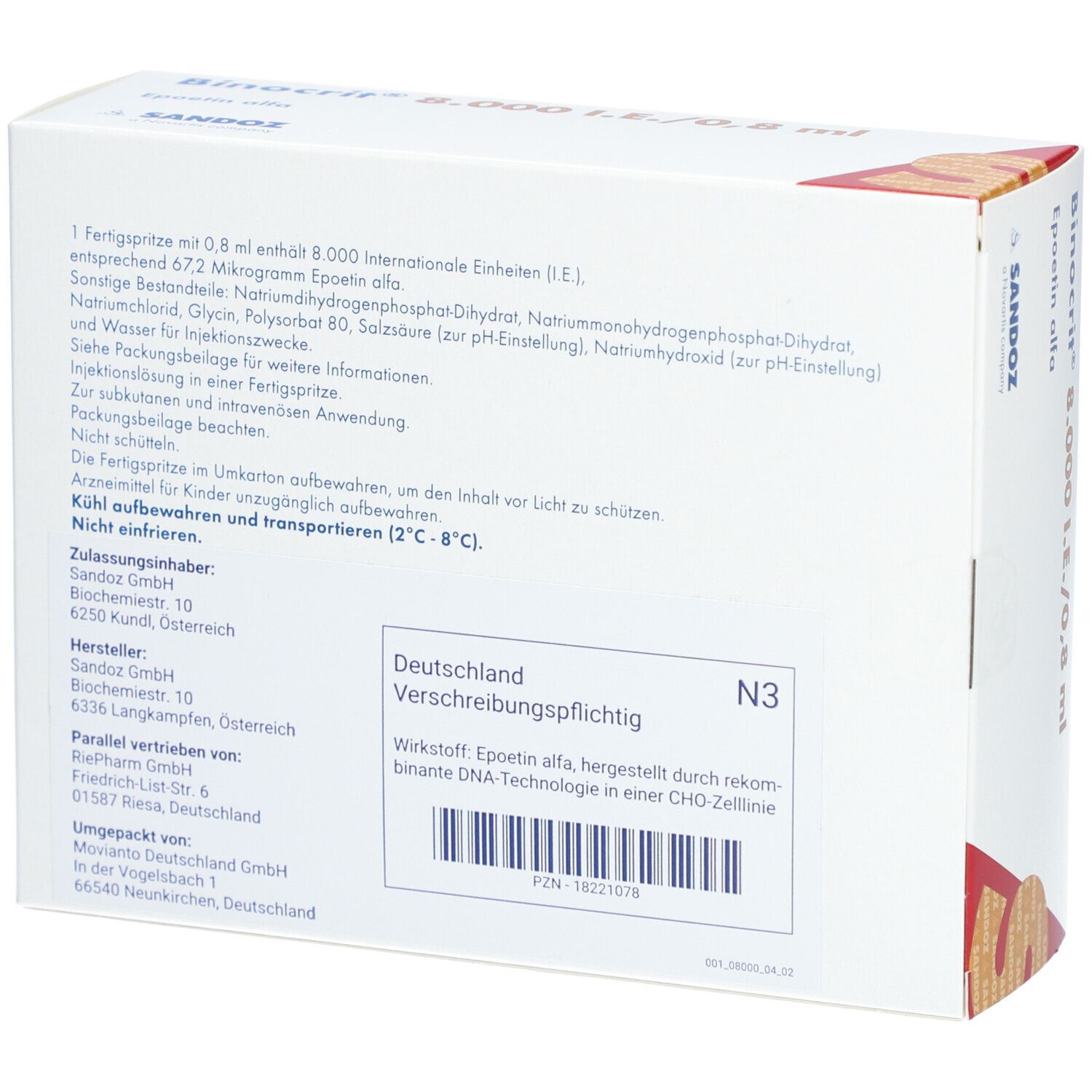 Binocrit 8.000 I.E./0,8 ml Fertigspritzen. Rückseite mit detaillierten Produktinformationen.