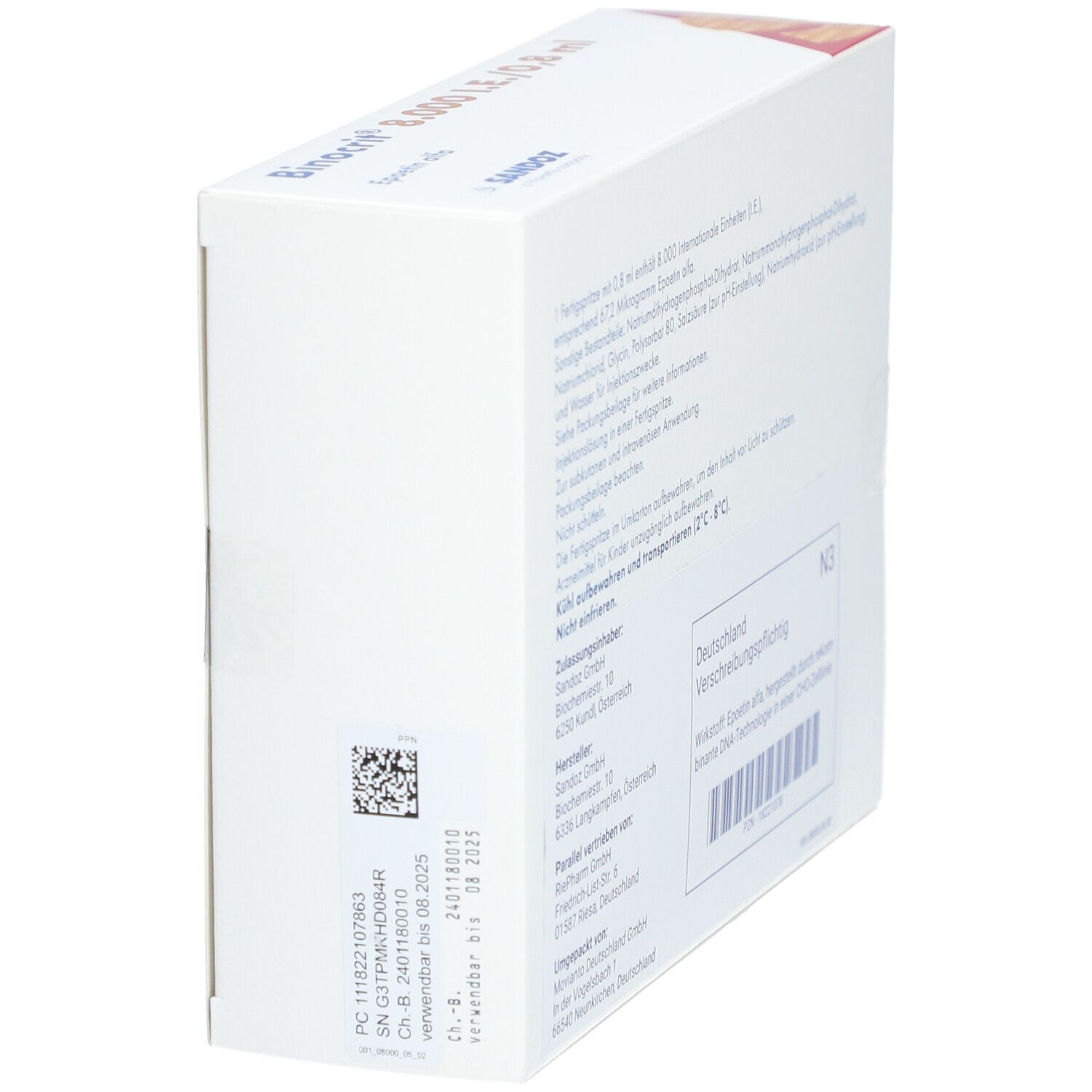 Binocrit 8.000 I.E./0,8 ml Fertigspritzen. Seitenansicht mit Chargennummer und Verfallsdatum.