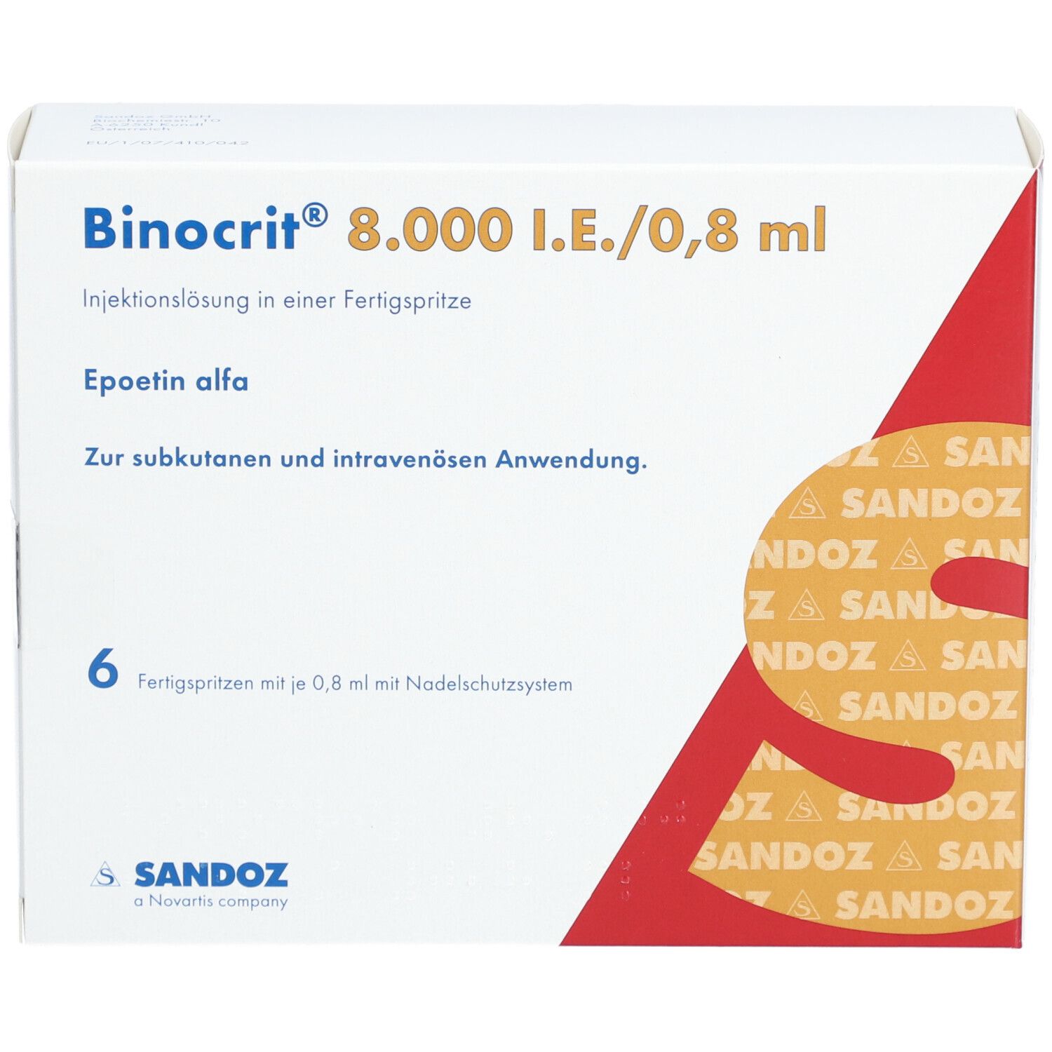 Binocrit 8.000 I.E./0,8 ml Fertigspritzen. Vorderseite mit Produktbezeichnung und Sandoz Logo.