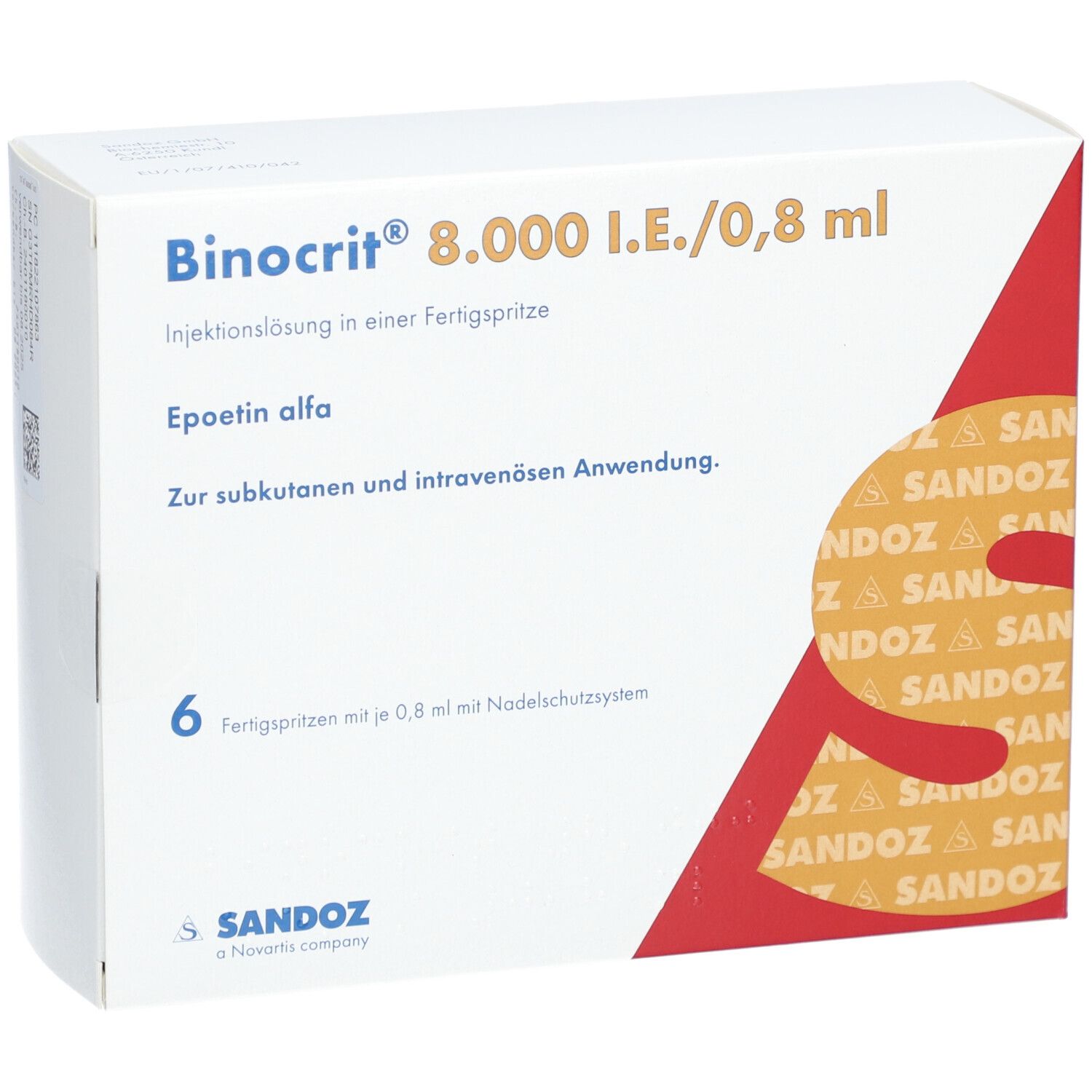 Binocrit 8.000 I.E./0,8 ml Fertigspritzen. Vorderseite mit Produktbezeichnung und Sandoz Logo.