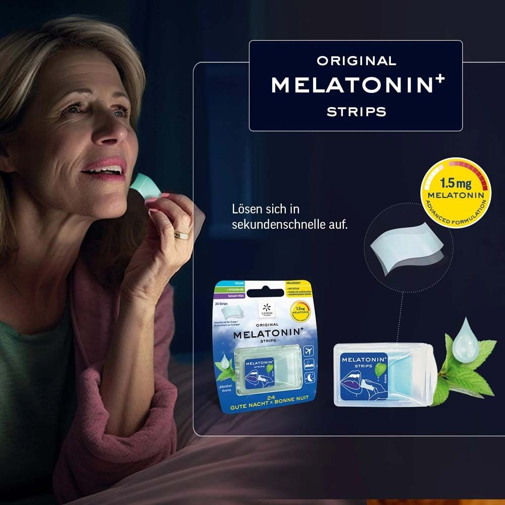 Frau nimmt Melatonin+ Strip. Verpackung und Strip im Bild. Marke: Lemon Pharma. Vegan, zuckerfrei, mit Vitamin B6.