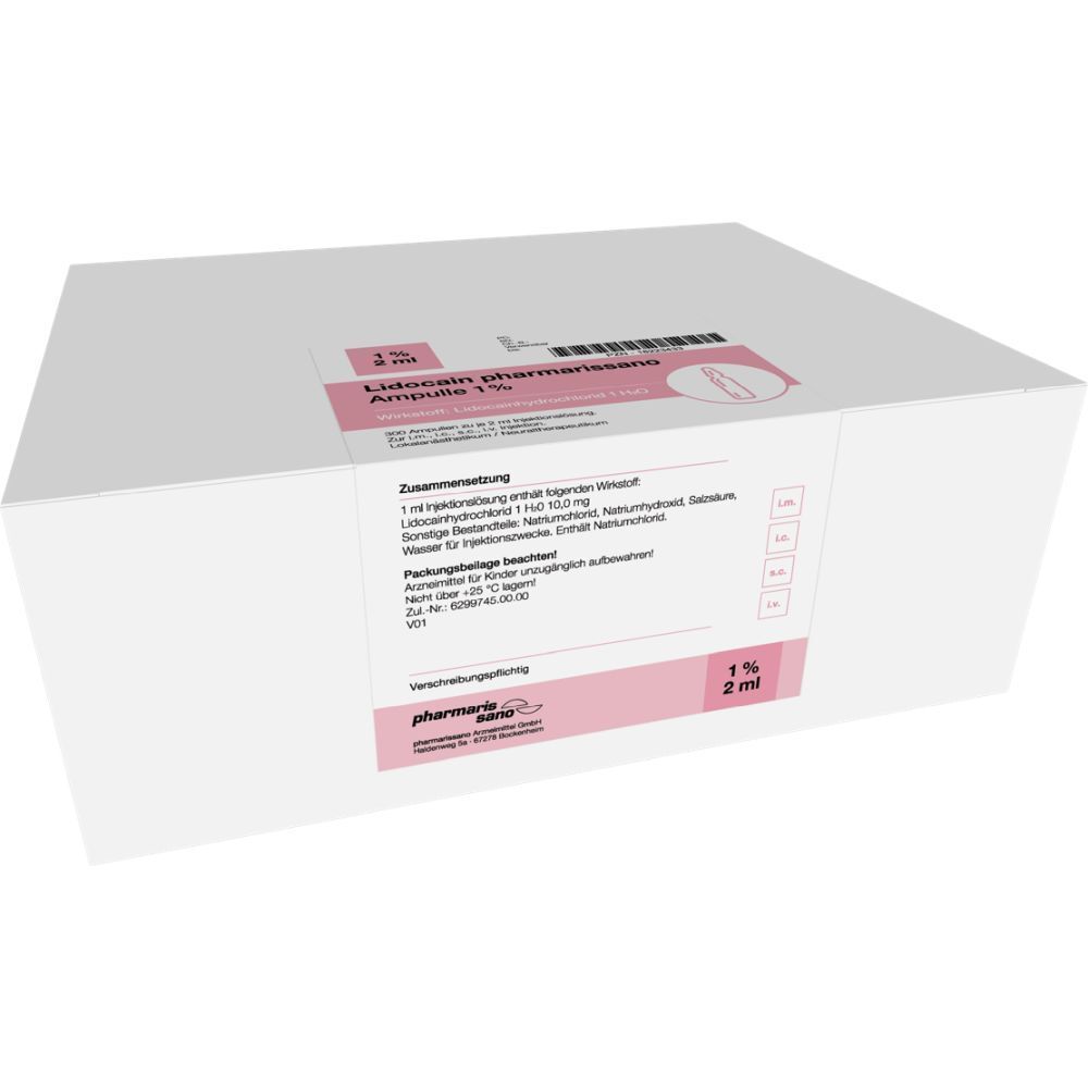 Karton mit Produktinformationen. Rosa Etikett mit Text und Logo. "Lidocain pharmarissano 1% Ampulle 2 ml".