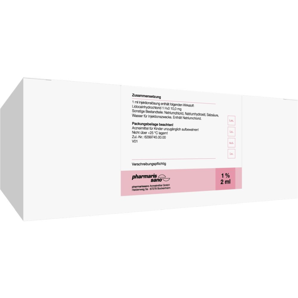 Karton mit Produktinformationen. Rosa Etikett mit Text und Logo. "pharmaris sano 1% 2 ml".
