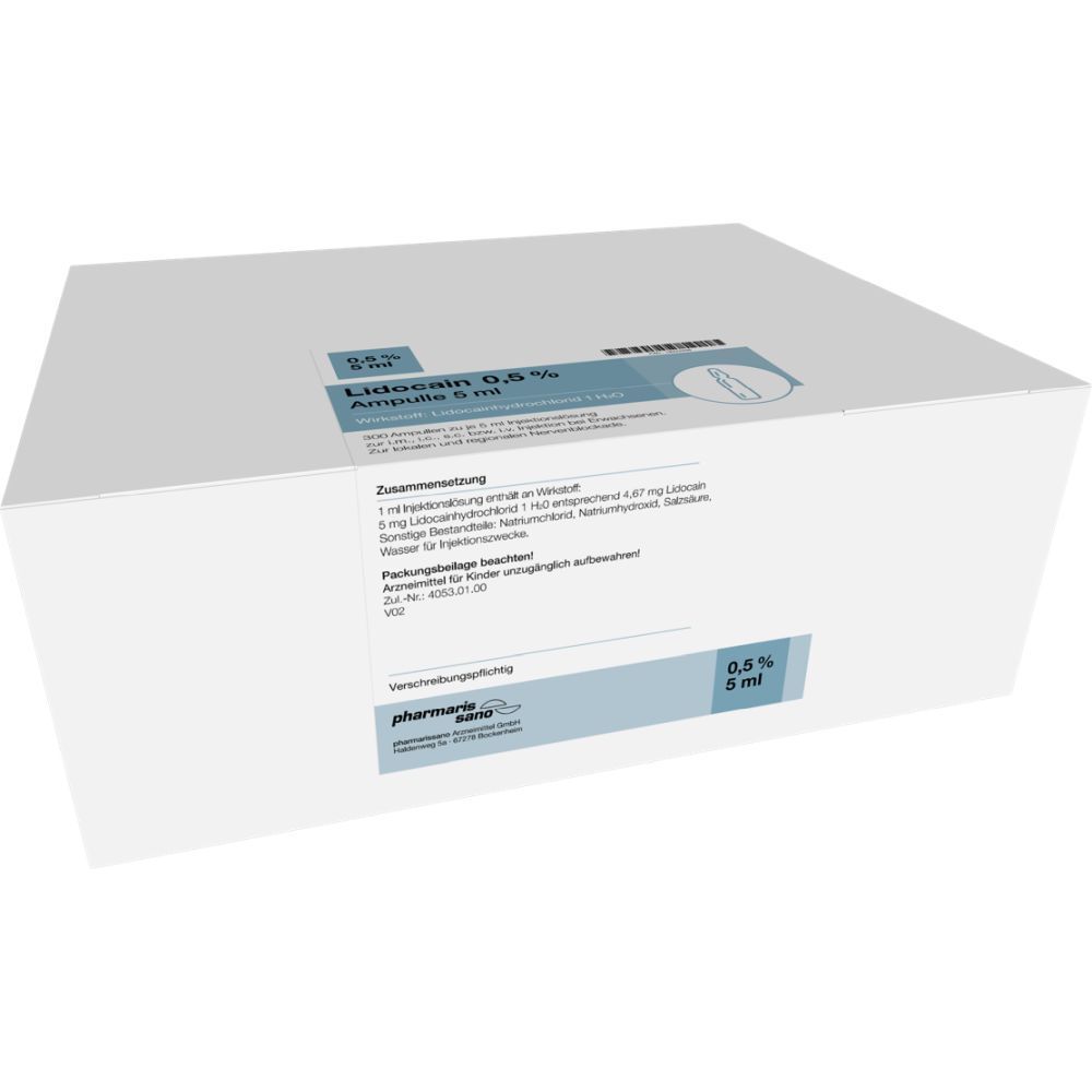 Karton mit LIDOCAIN 0,5% Ampullen 5 ml. Aufschrift: pharmarisano, 0,5%, 5 ml. Enthält Produktinformationen und Zusammensetzung.