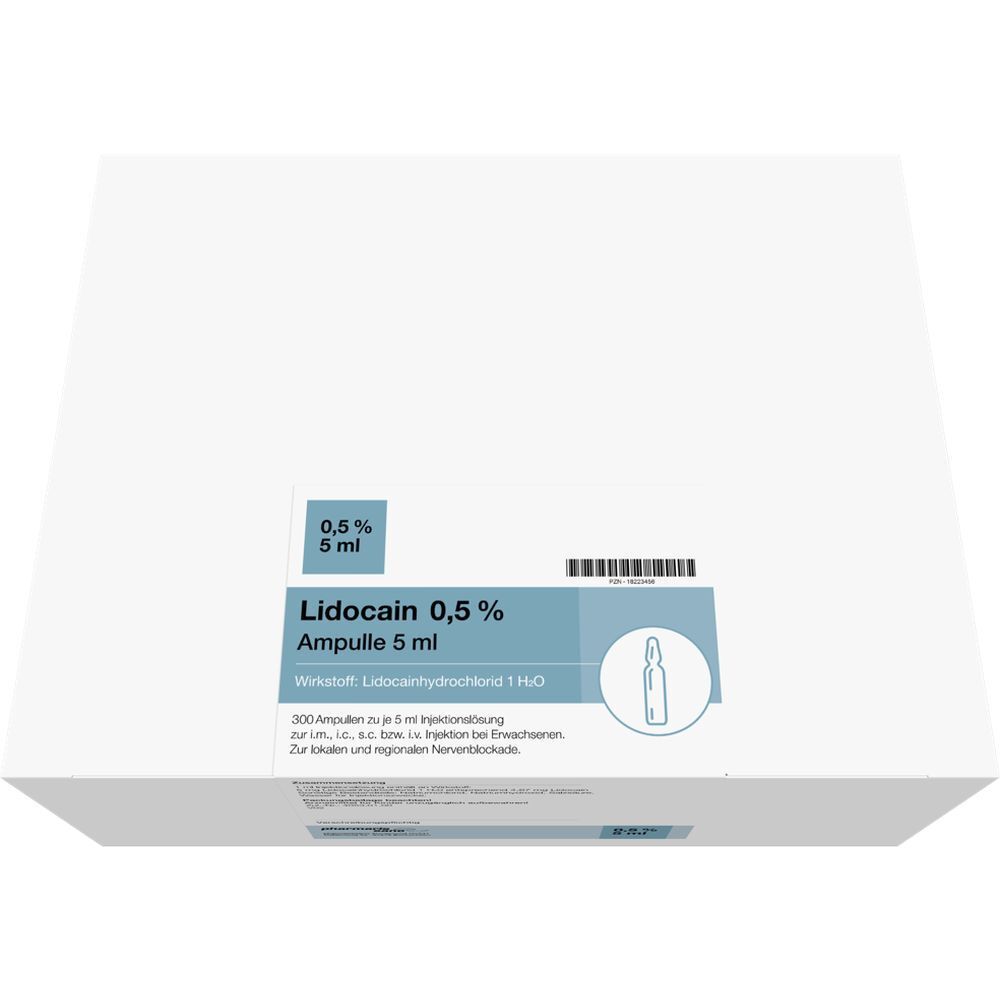 Karton mit LIDOCAIN 0,5% Ampullen 5 ml. Aufschrift: 0,5%, 5 ml, Lidocain 0,5% Ampulle 5 ml, pharmarisano. Enthält Produktinformationen.