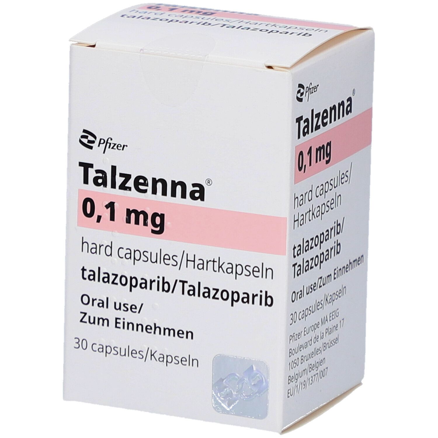 Weiße Faltschachtel mit rosa Streifen. Aufdruck: Talzenna 0,1 mg Hartkapseln, 30 Kapseln. Pfizer-Logo.