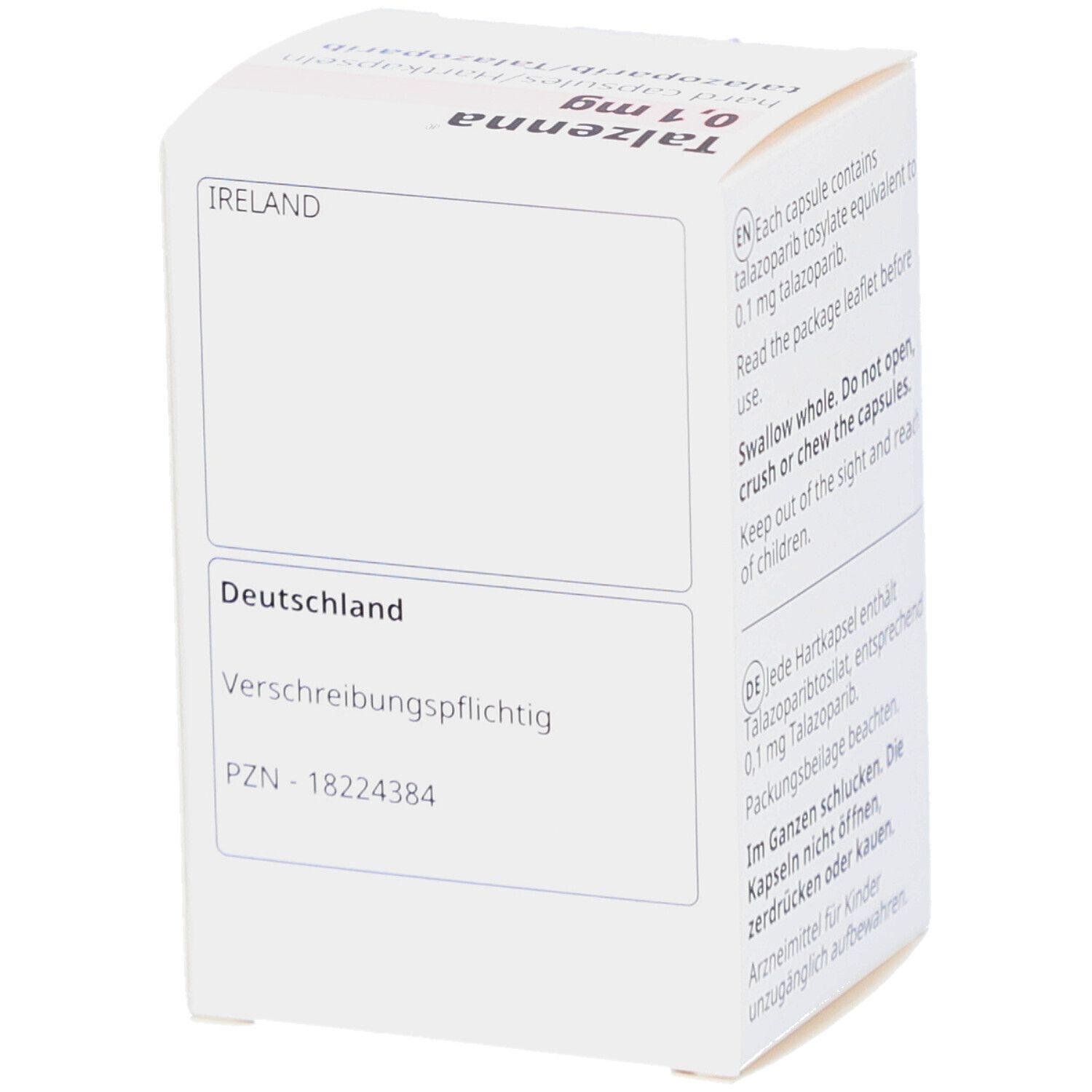 Weiße Faltschachtel mit Text. Enthält Informationen zu Herkunft und Verschreibungspflicht. PZN-Nummer.