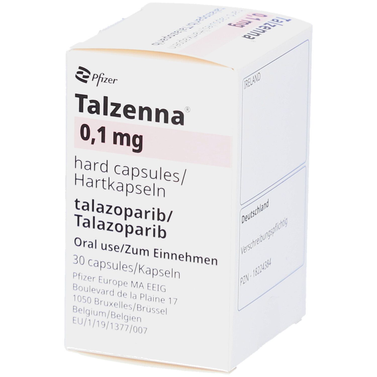 Weiße Faltschachtel mit rosa Streifen. Aufdruck: Talzenna 0,1 mg Hartkapseln, 30 Kapseln. Pfizer-Logo.