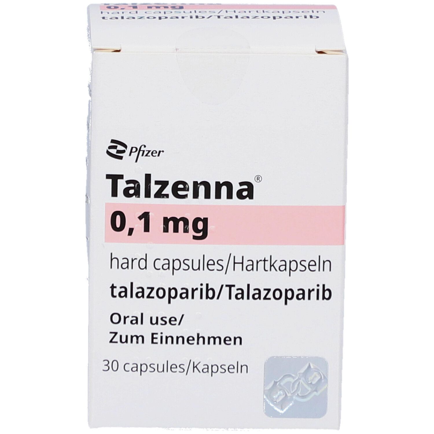 Weiße Faltschachtel mit rosa Streifen. Aufdruck: Talzenna 0,1 mg Hartkapseln, 30 Kapseln. Pfizer-Logo.